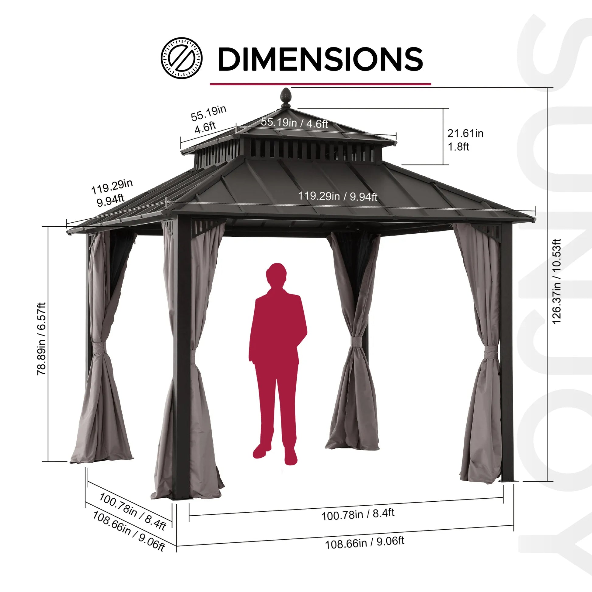Mazonvintage Kingston 10x10 Gazebo with Netting & Curtain | Steel Roof - Brown Aluminum Posts