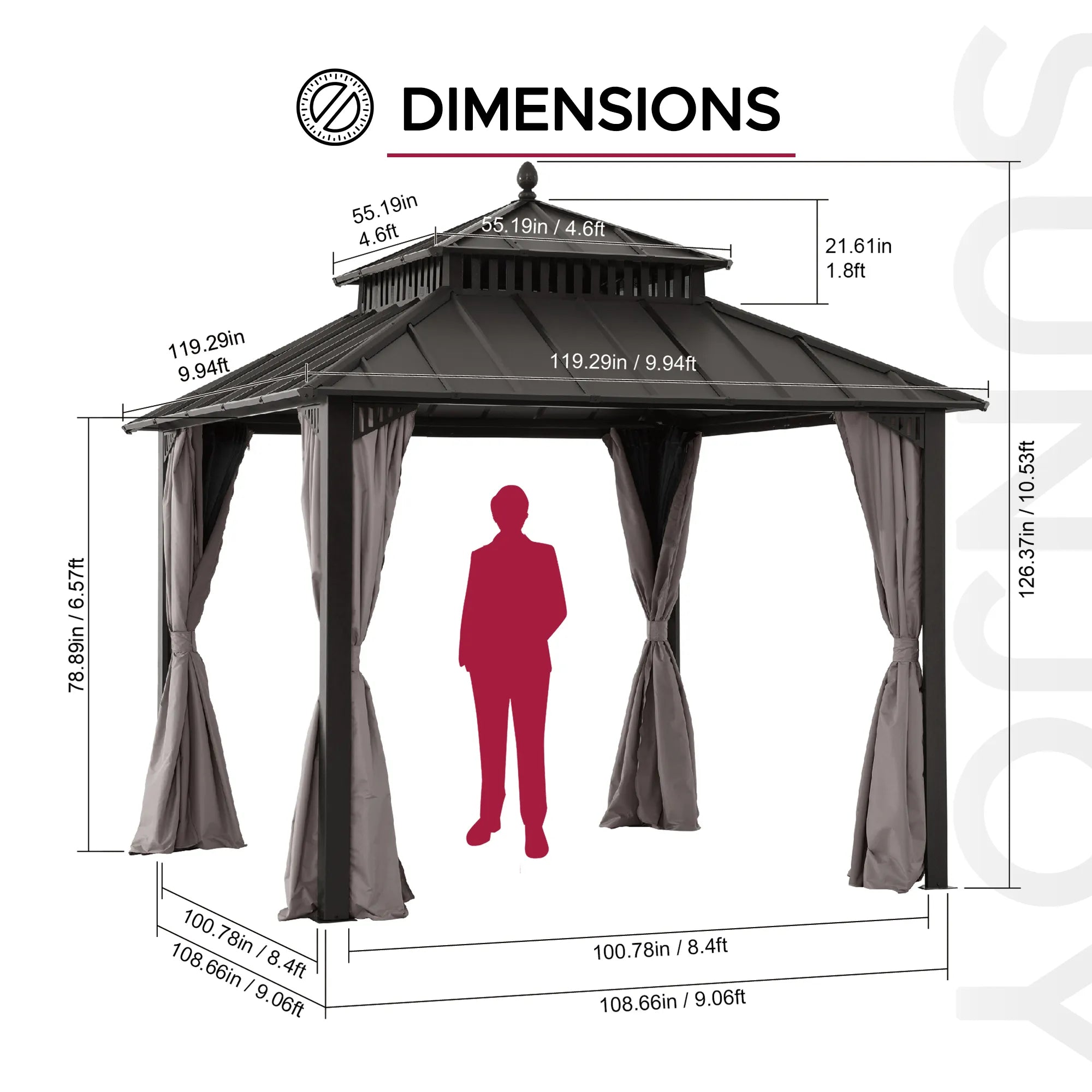 Mazonvintage Kingston 10x10 Gazebo with Netting & Curtain | Steel Roof - Brown Aluminum Posts