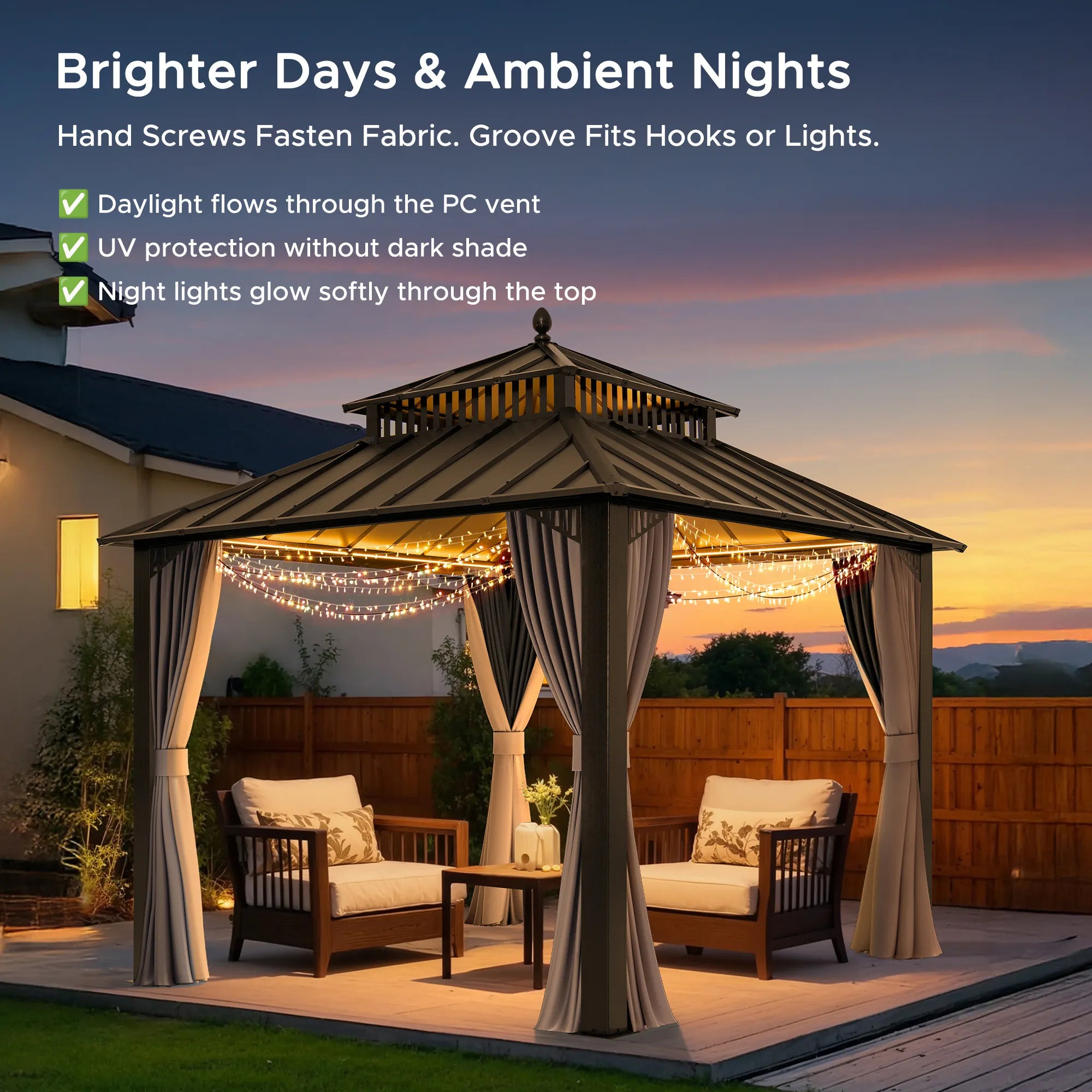 Mazonvintage Kingston 10x10 Gazebo with Netting & Curtain | Steel Roof - Brown Aluminum Posts