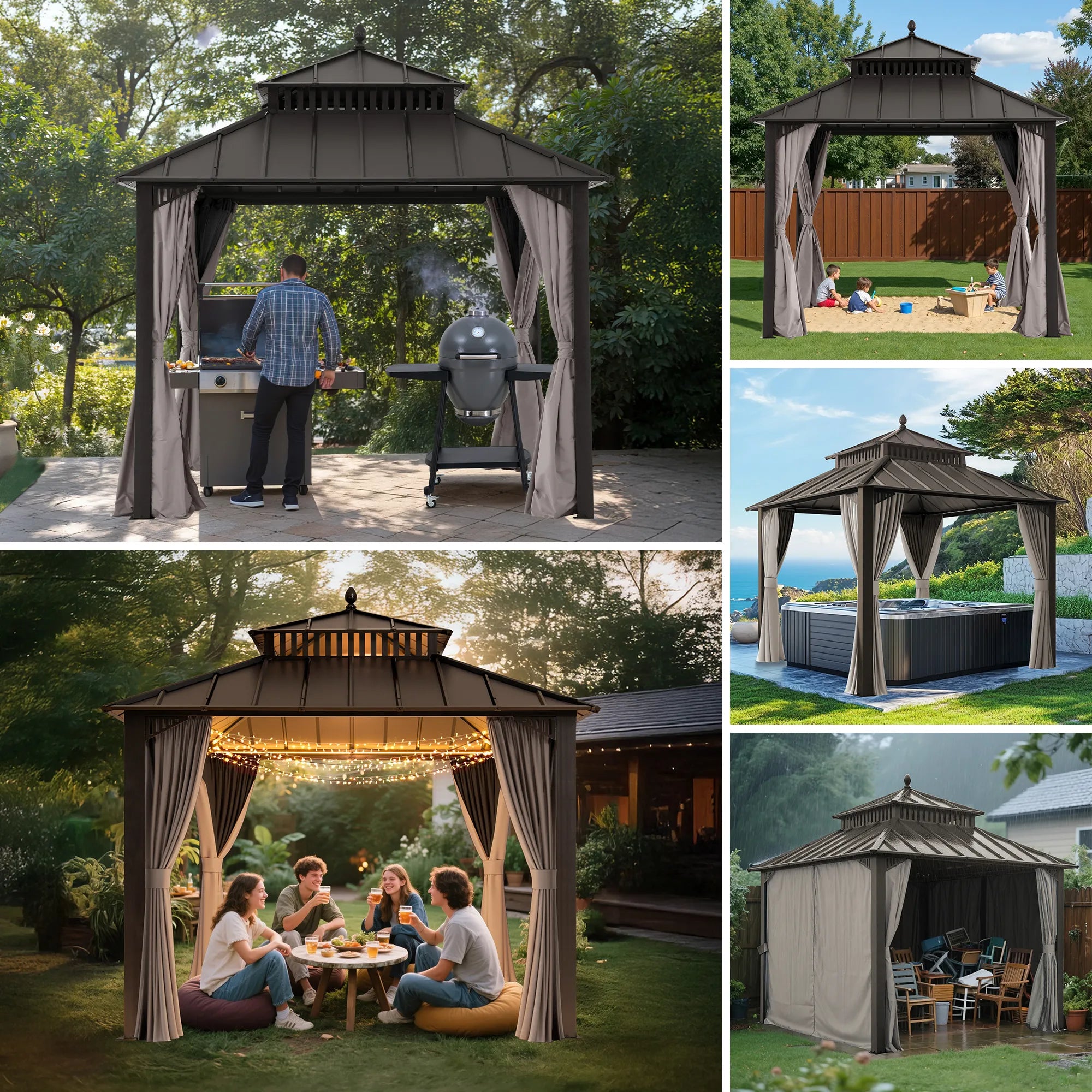 Mazonvintage Kingston 10x10 Gazebo with Netting & Curtain | Steel Roof - Brown Aluminum Posts