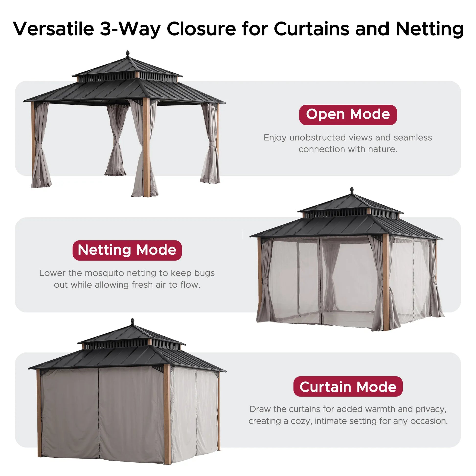 Mazonvintage Kingston 12x12 Gazebo with Netting & Curtain | Steel Roof - Woodgrain Aluminum Posts