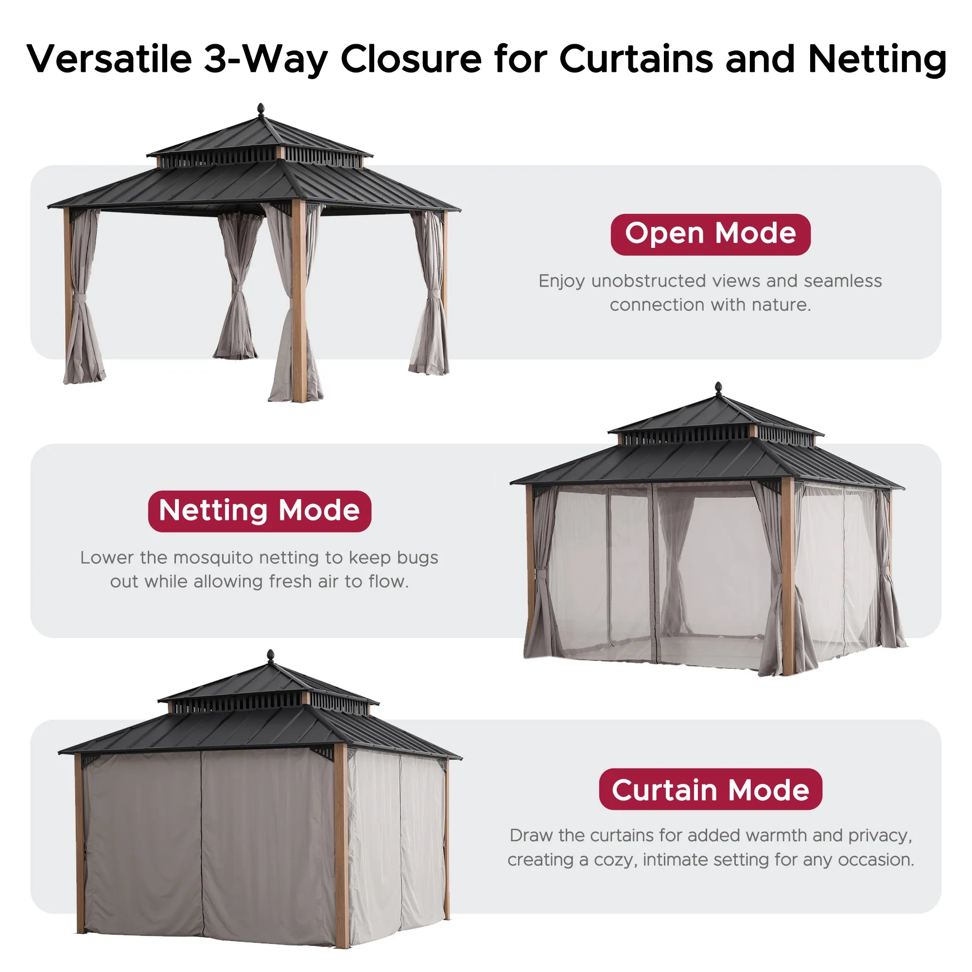 Mazonvintage Kingston 12x12 Gazebo with Netting & Curtain | Steel Roof - Woodgrain Aluminum Posts