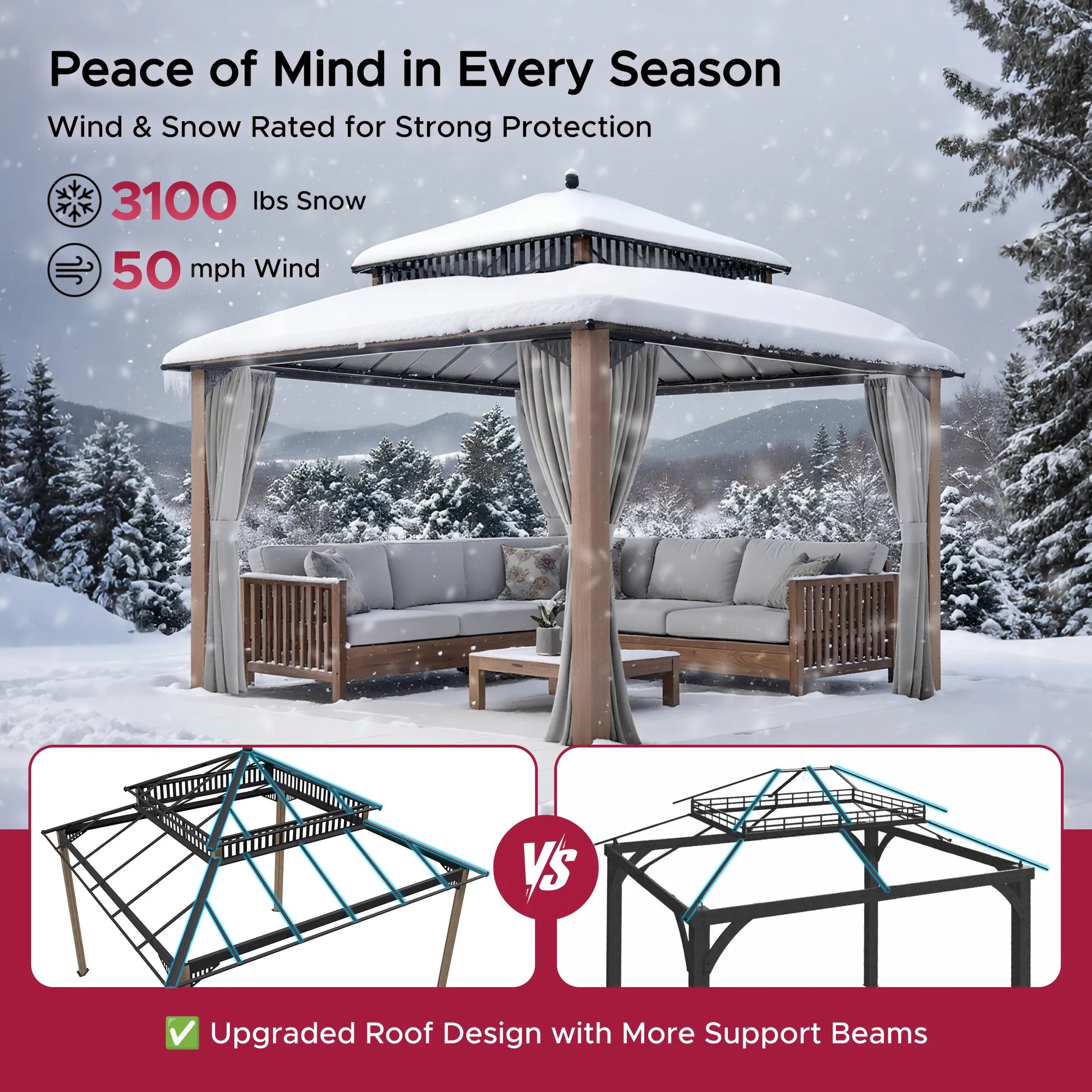 Mazonvintage Kingston 12x12 Gazebo with Netting & Curtain | Steel Roof - Woodgrain Aluminum Posts
