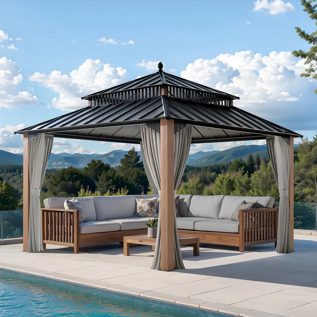 Mazonvintage Kingston 12x12 Gazebo with Netting & Curtain | Steel Roof - Woodgrain Aluminum Posts