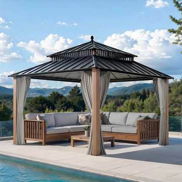 Mazonvintage Kingston 12x12 Gazebo with Netting & Curtain | Steel Roof - Woodgrain Aluminum Posts