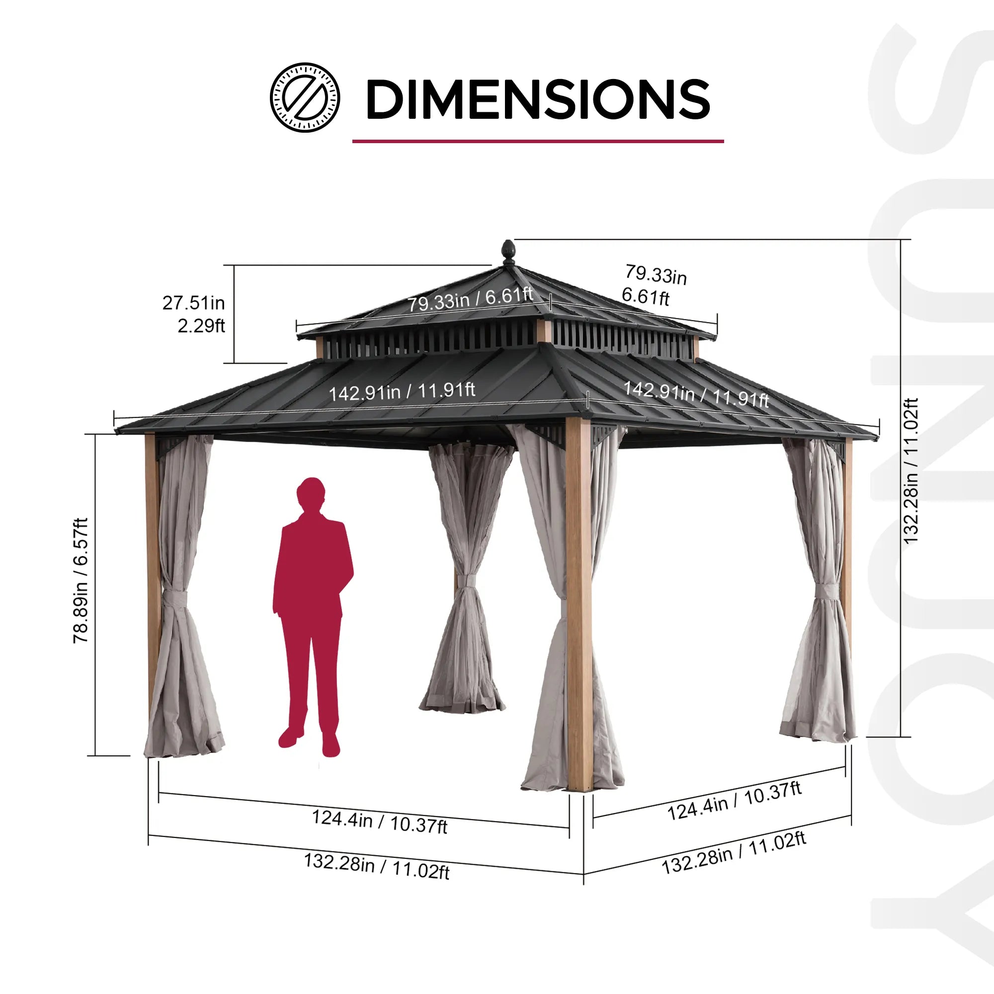 Mazonvintage Kingston 12x12 Gazebo with Netting & Curtain | Steel Roof - Woodgrain Aluminum Posts