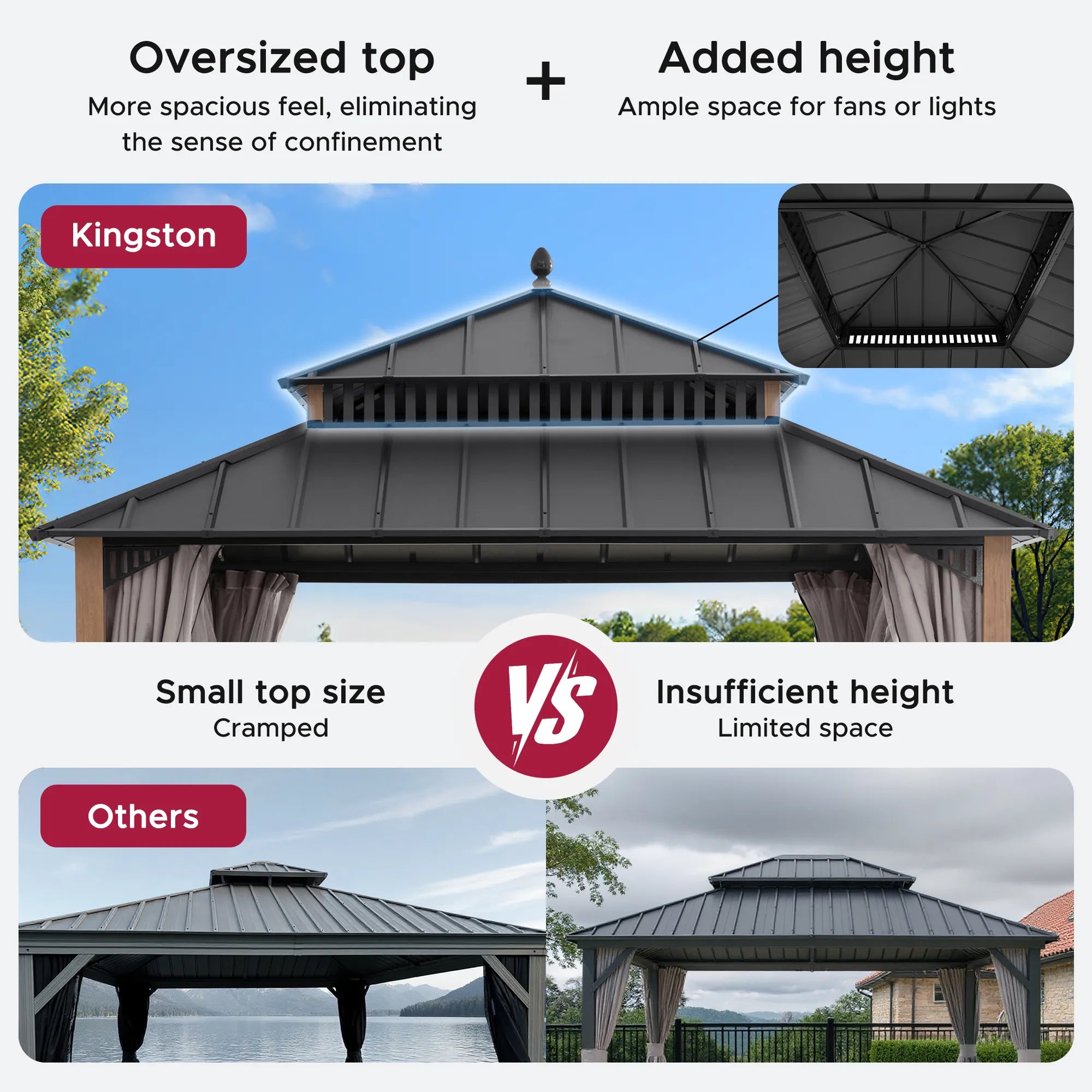 Mazonvintage Kingston 12x12 Gazebo with Netting & Curtain | Steel Roof - Woodgrain Aluminum Posts