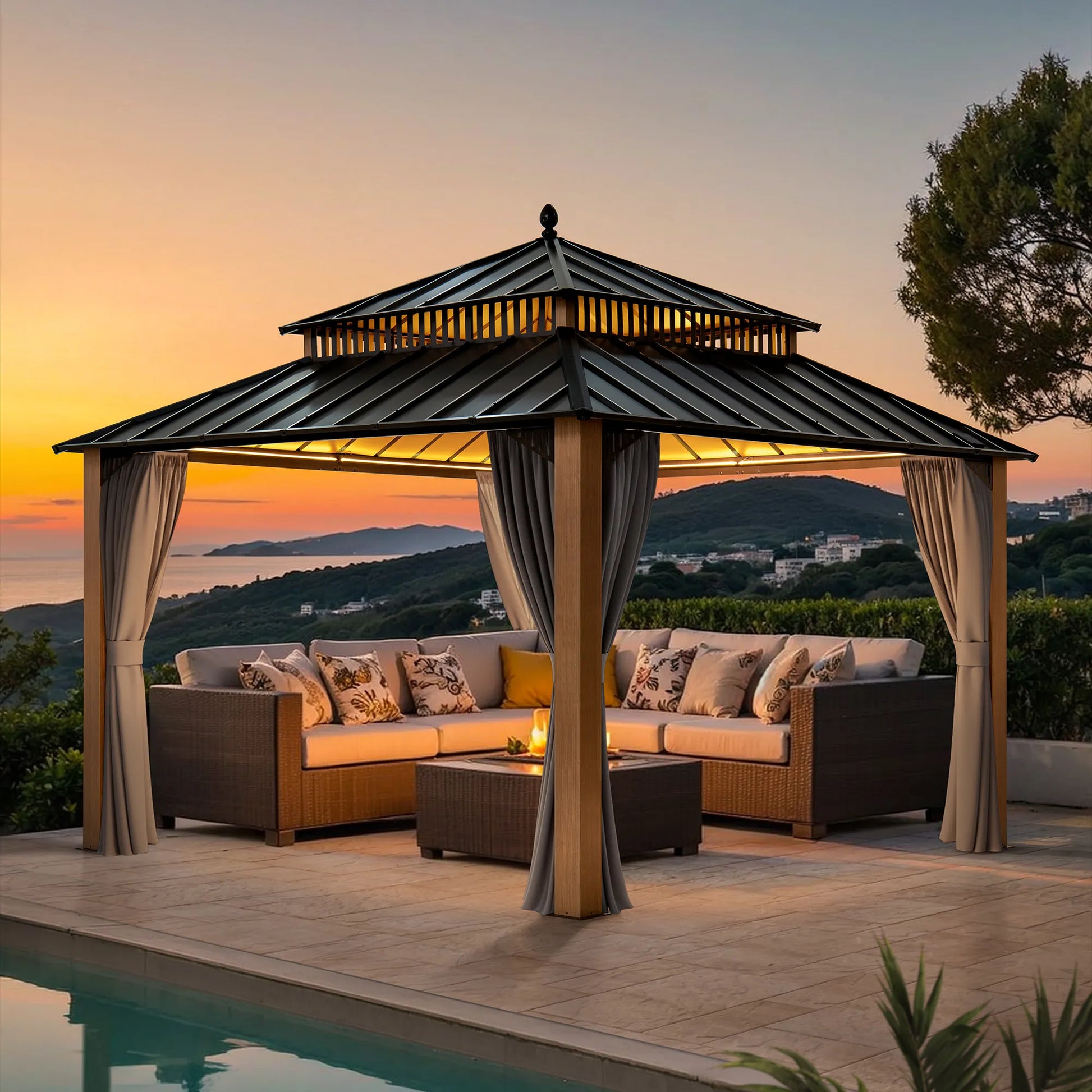 Mazonvintage Kingston 12x12 Gazebo with Netting & Curtain | Steel Roof - Woodgrain Aluminum Posts