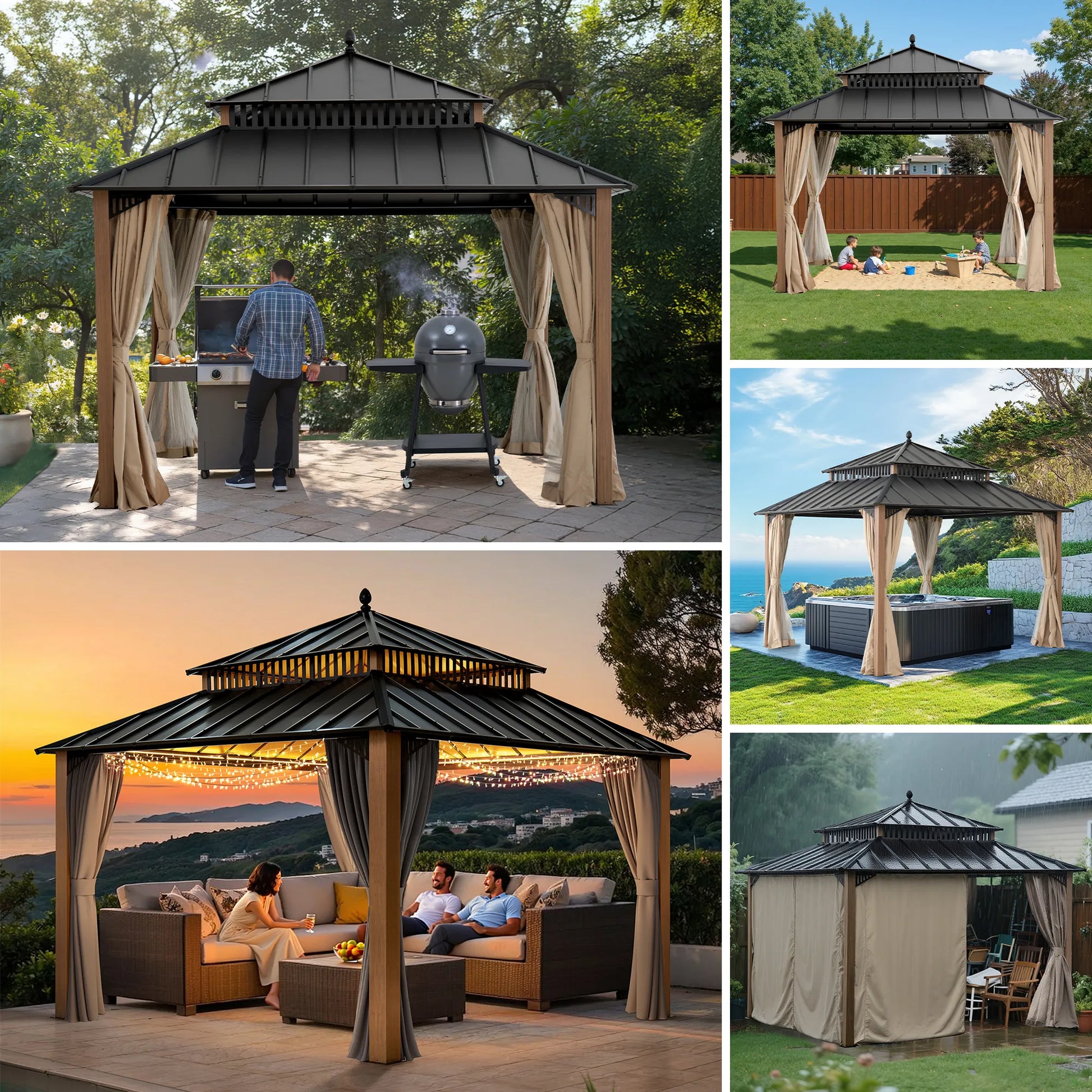 Mazonvintage Kingston 12x12 Gazebo with Netting & Curtain | Steel Roof - Woodgrain Aluminum Posts