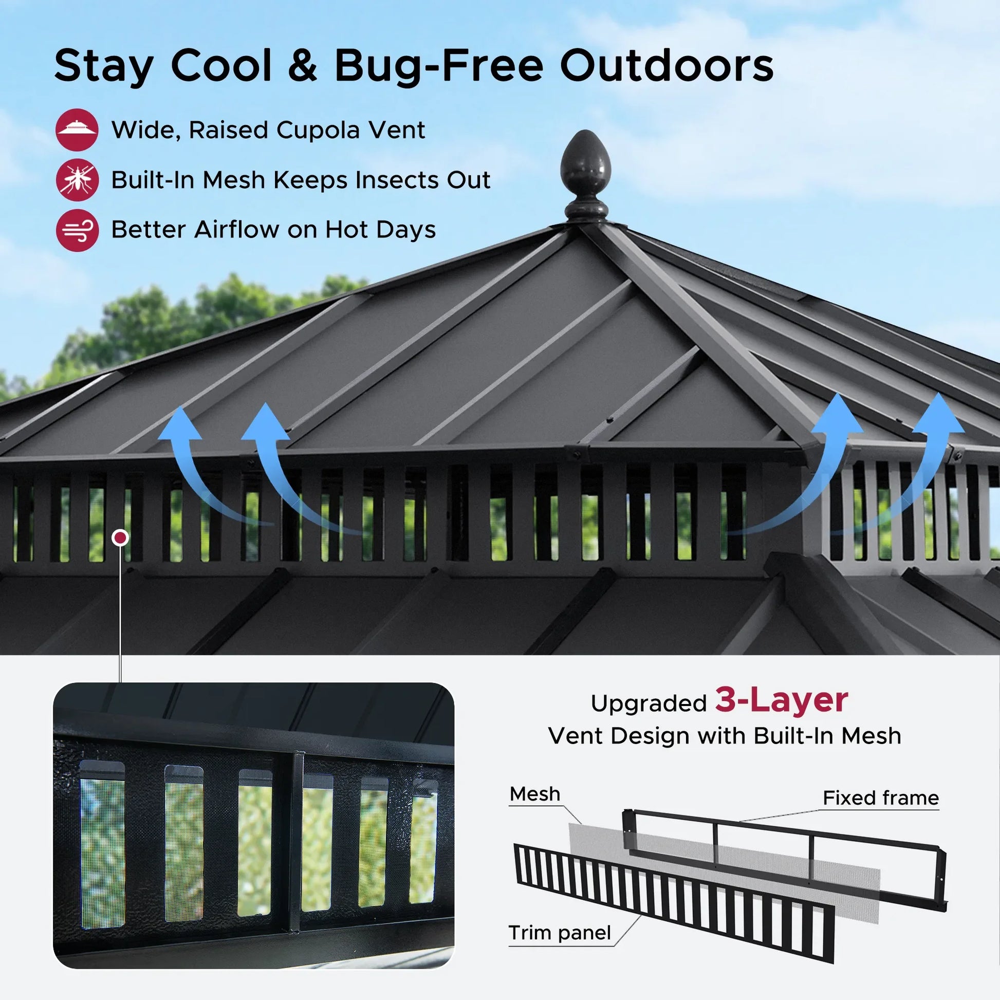 Mazonvintage Kingston 12x12 Gazebo with Netting & Curtain | Steel Roof - Gray Aluminum Posts