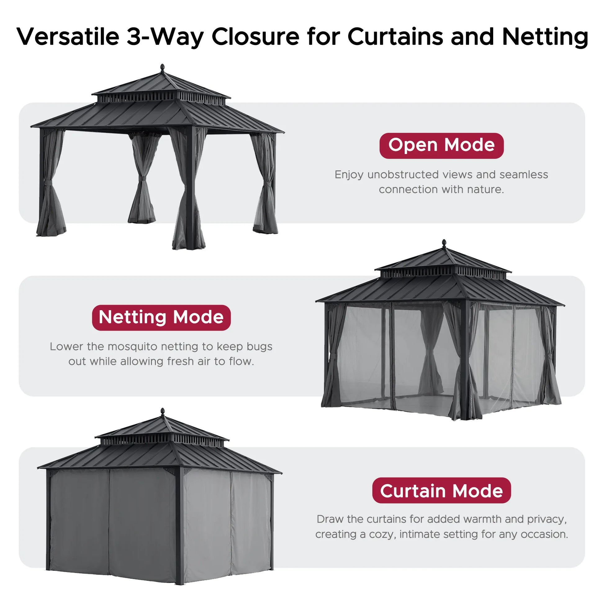 Mazonvintage Kingston 12x12 Gazebo with Netting & Curtain | Steel Roof - Gray Aluminum Posts