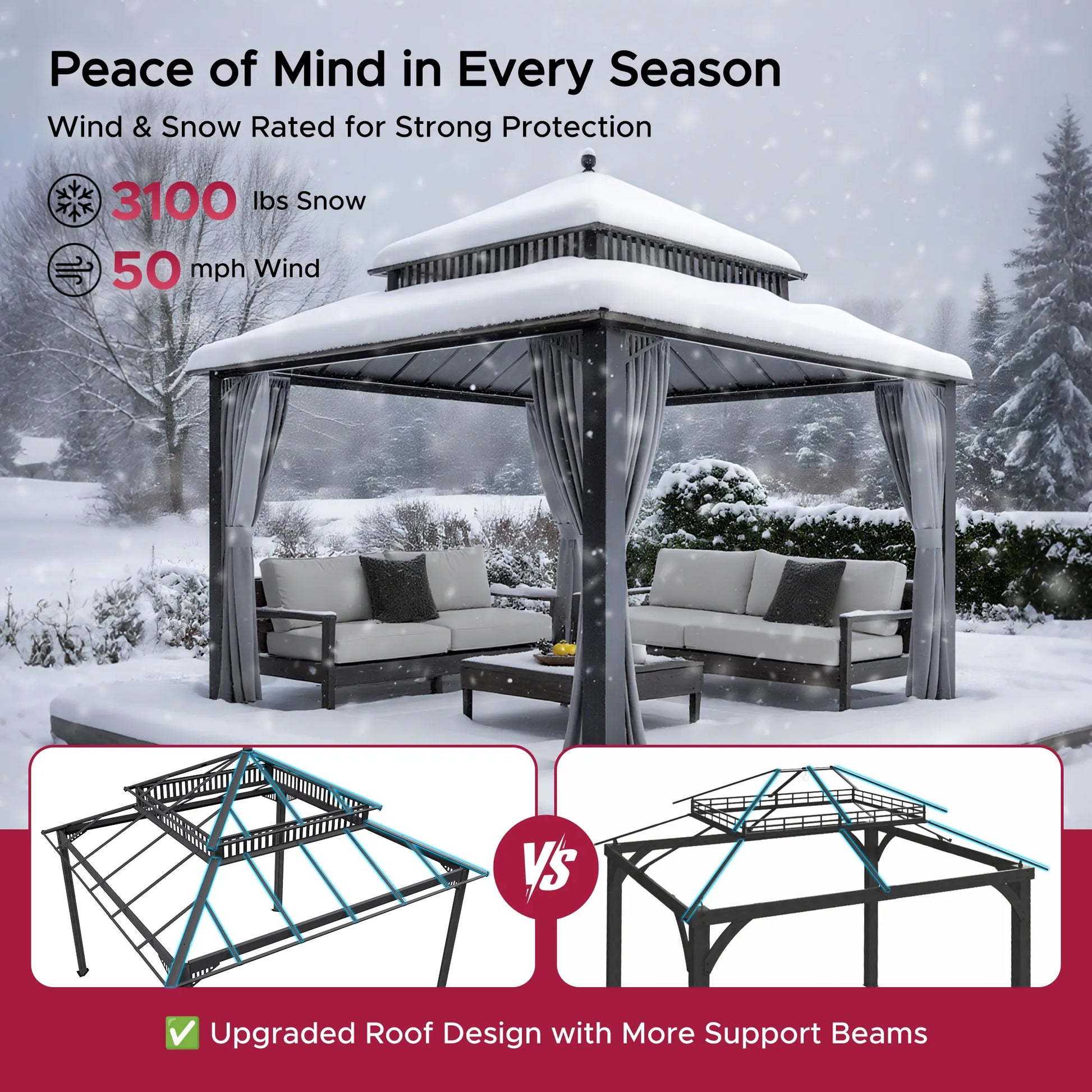 Mazonvintage Kingston 12x12 Gazebo with Netting & Curtain | Steel Roof - Gray Aluminum Posts