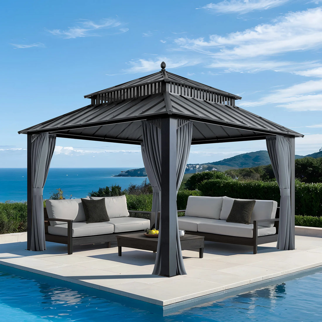 Mazonvintage Kingston 12x12 Gazebo with Netting & Curtain | Steel Roof - Gray Aluminum Posts