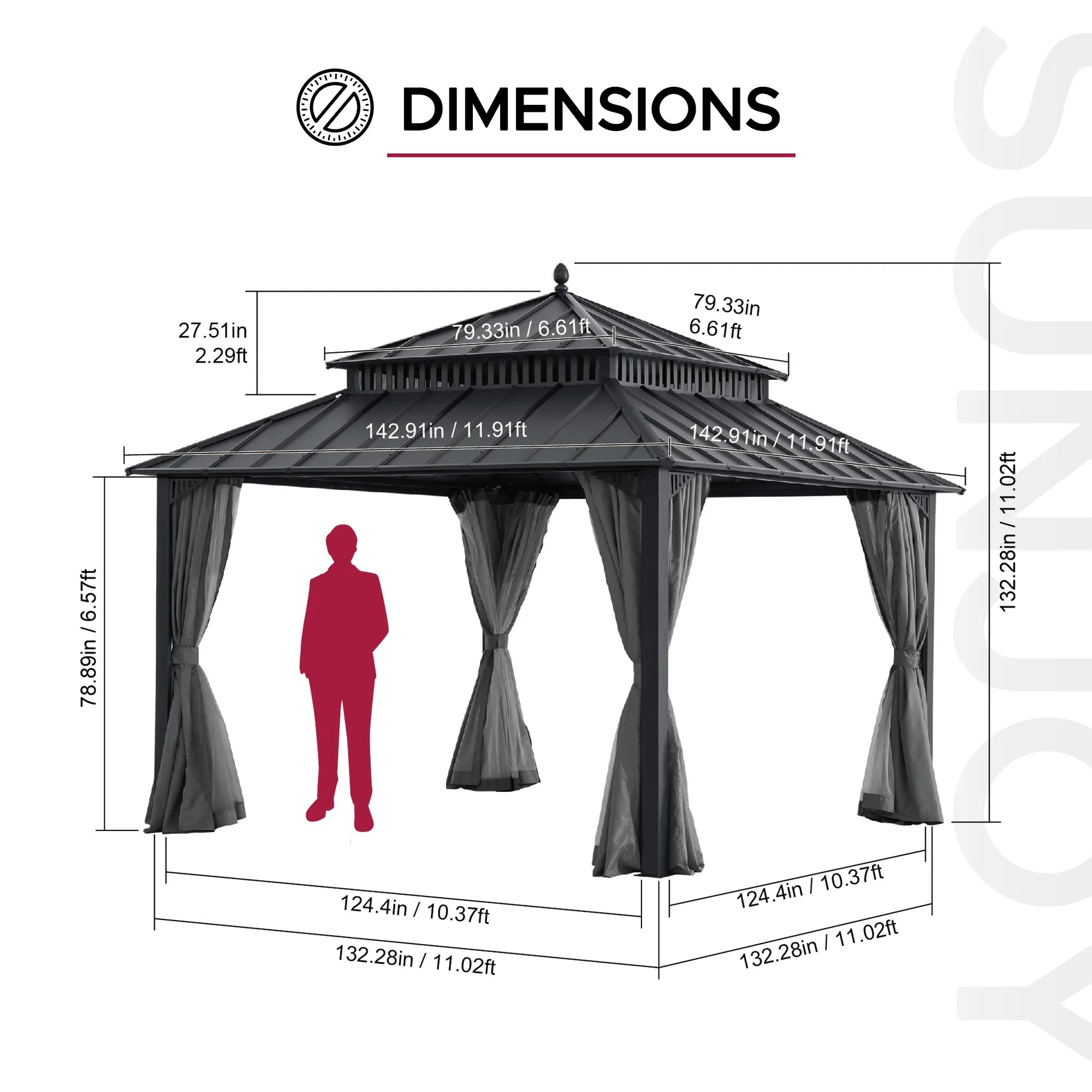 Mazonvintage Kingston 12x12 Gazebo with Netting & Curtain | Steel Roof - Gray Aluminum Posts