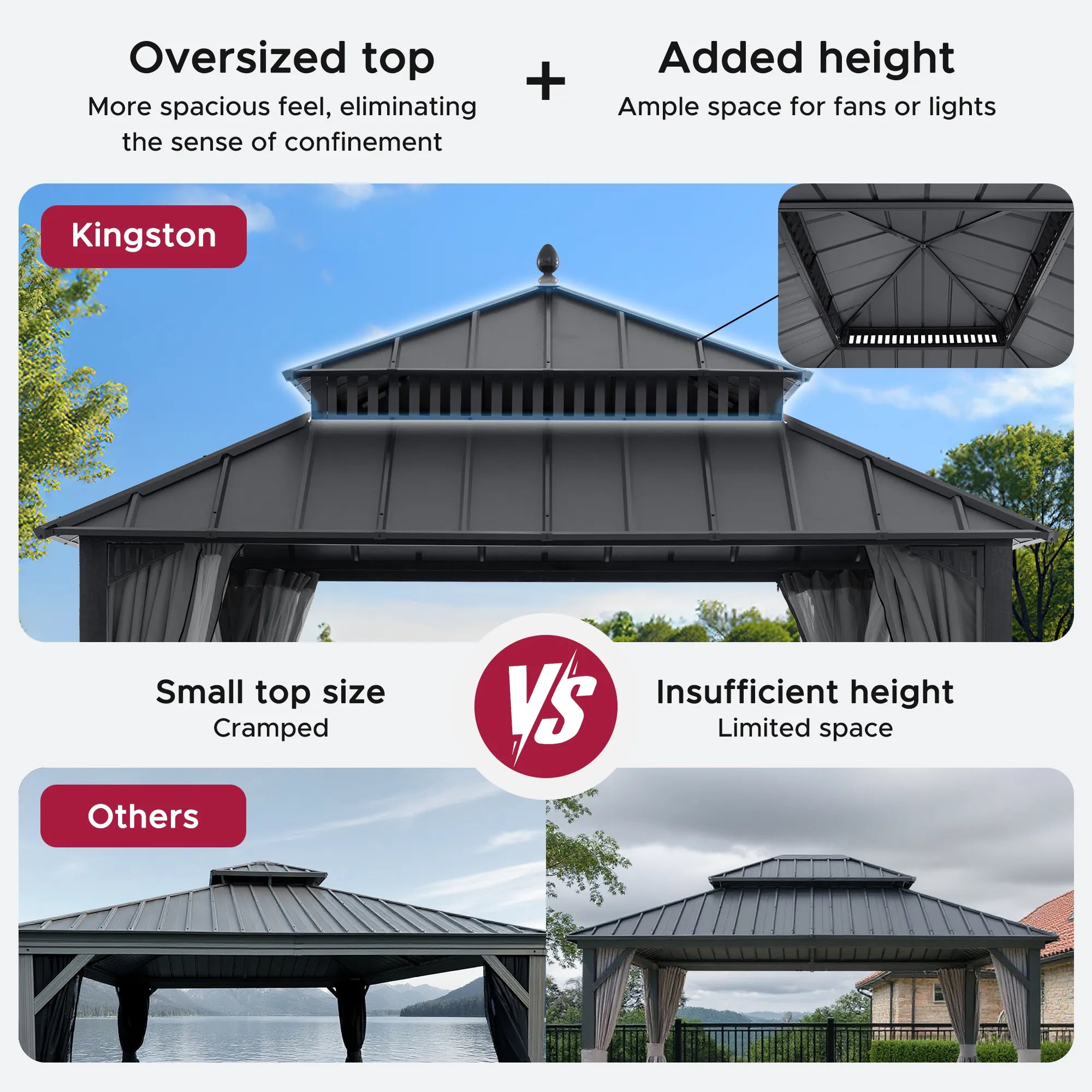 Mazonvintage Kingston 12x12 Gazebo with Netting & Curtain | Steel Roof - Gray Aluminum Posts