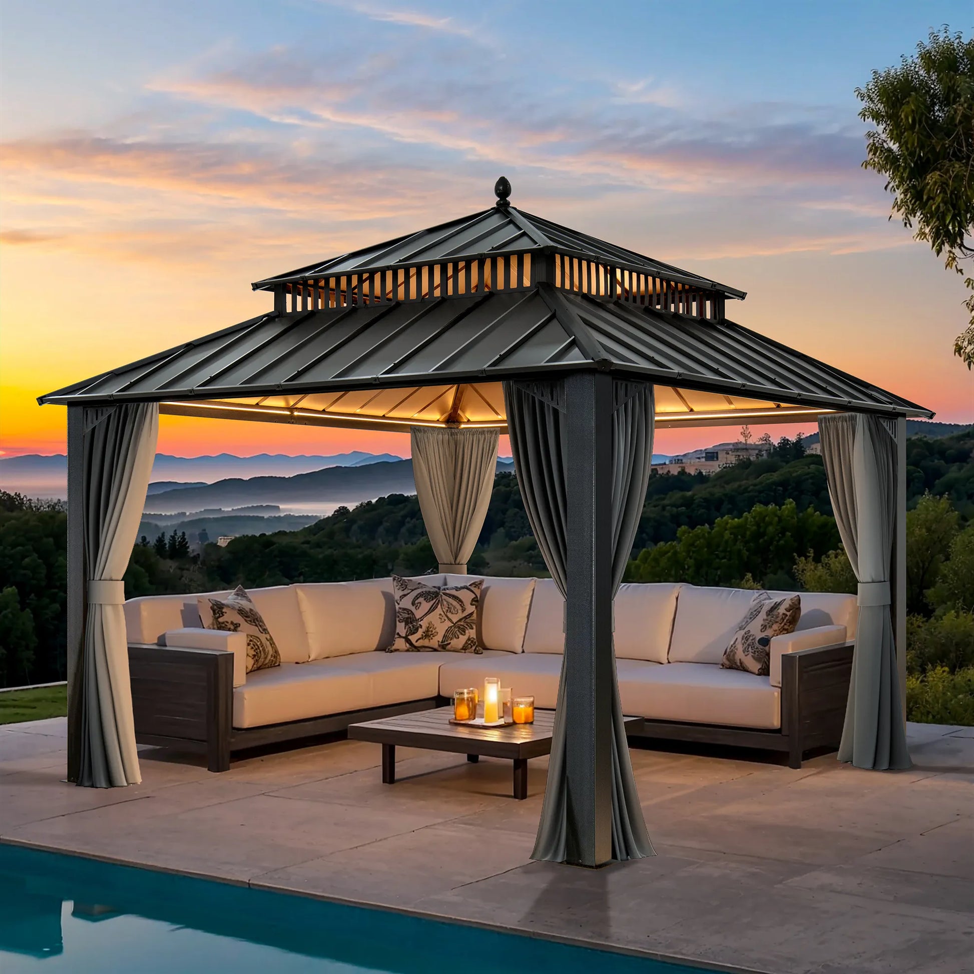 Mazonvintage Kingston 12x12 Gazebo with Netting & Curtain | Steel Roof - Gray Aluminum Posts