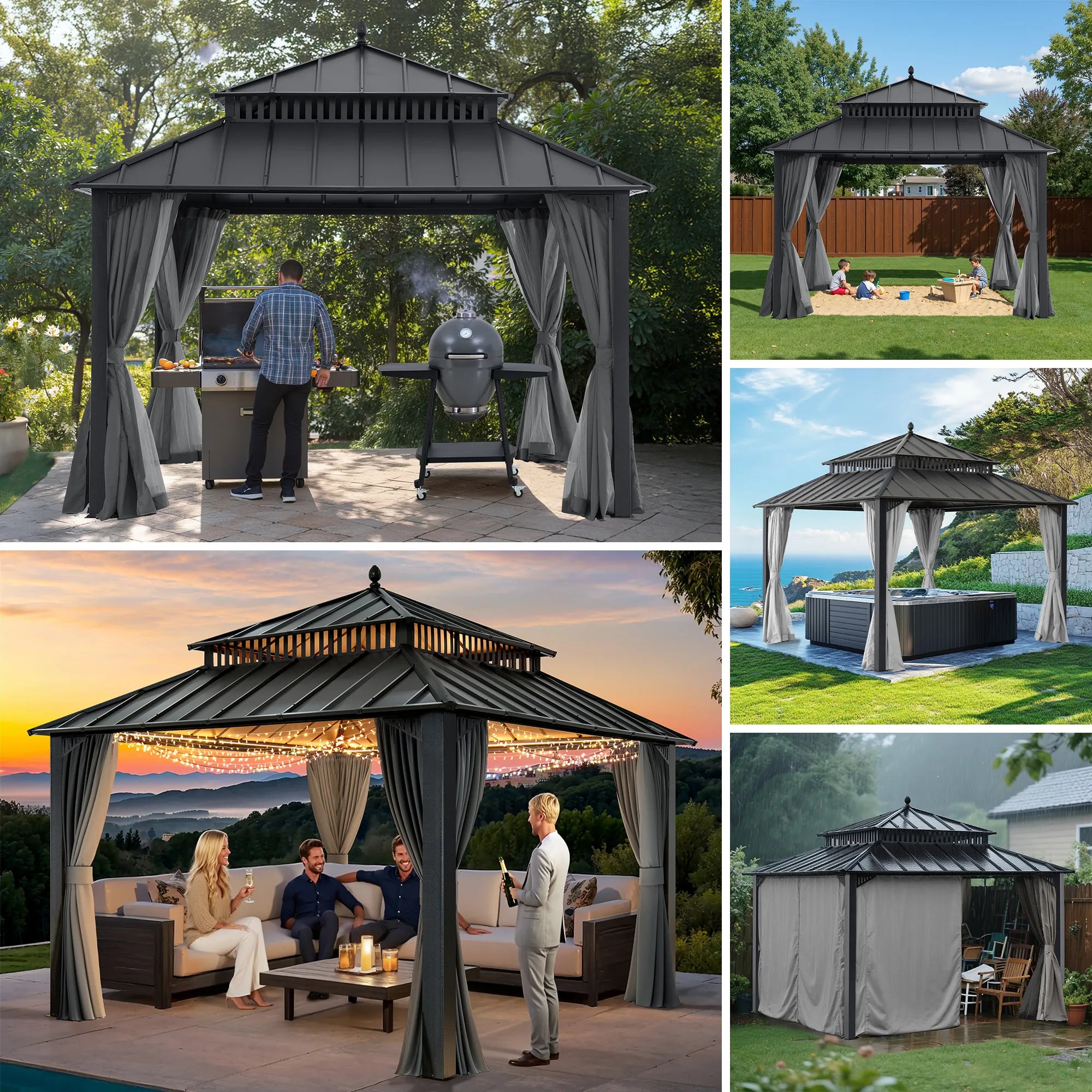 Mazonvintage Kingston 12x12 Gazebo with Netting & Curtain | Steel Roof - Gray Aluminum Posts