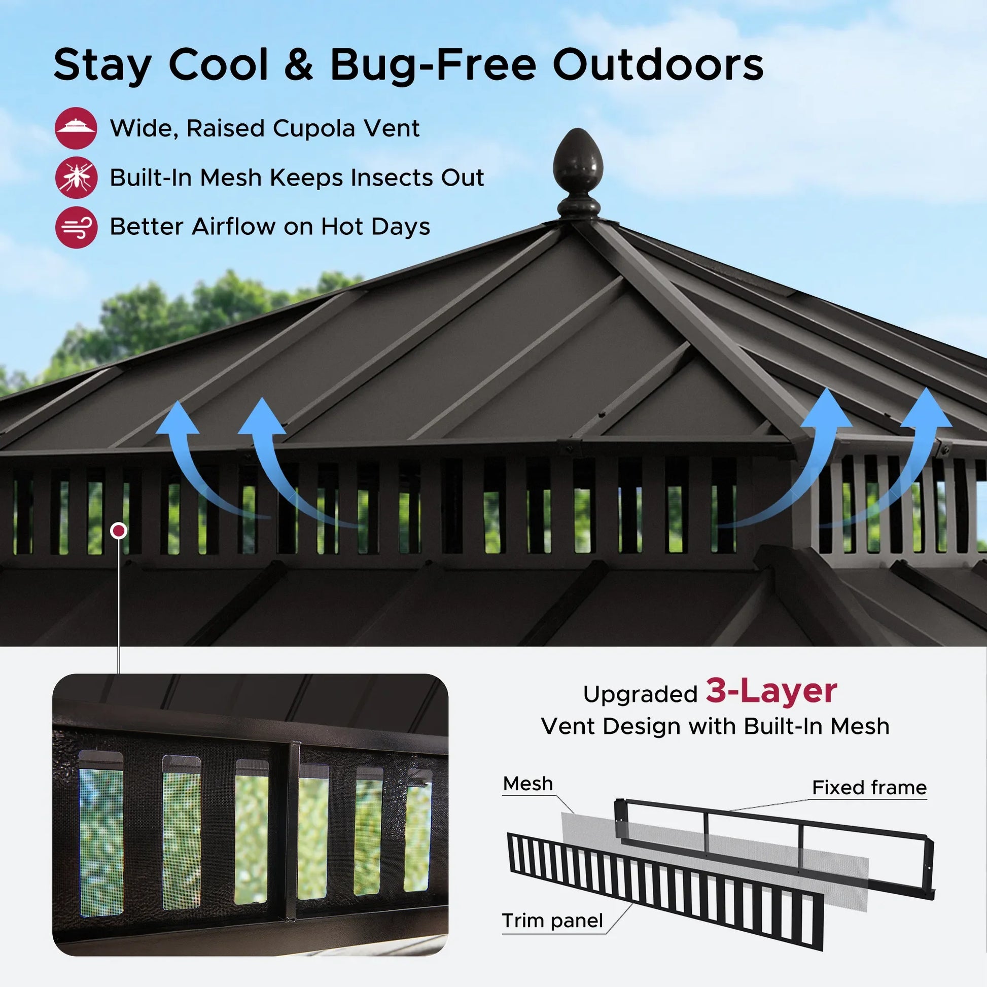 Mazonvintage Kingston 12x12 Gazebo with Netting & Curtain | Steel Roof - Brown Aluminum Posts