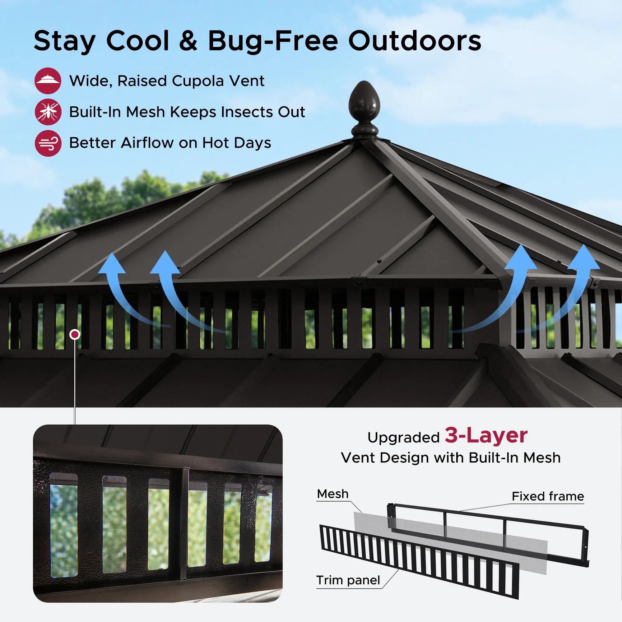 Mazonvintage Kingston 12x12 Gazebo with Netting & Curtain | Steel Roof - Brown Aluminum Posts