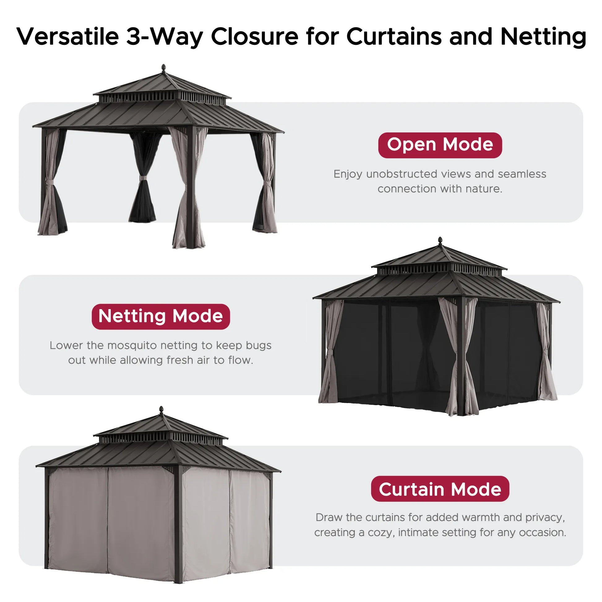 Mazonvintage Kingston 12x12 Gazebo with Netting & Curtain | Steel Roof - Brown Aluminum Posts