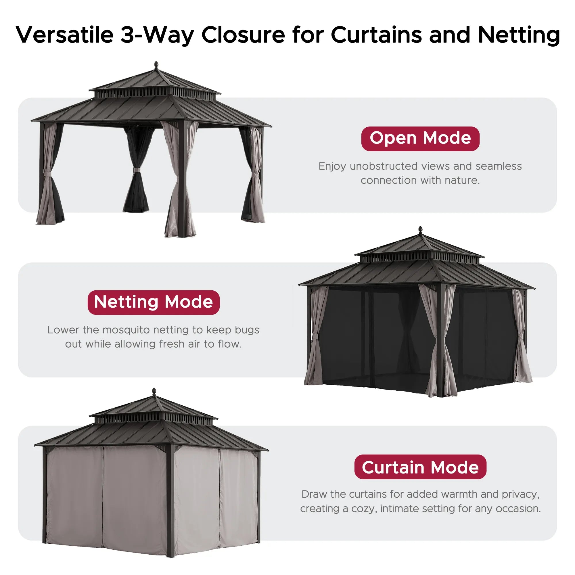 Mazonvintage Kingston 12x12 Gazebo with Netting & Curtain | Steel Roof - Brown Aluminum Posts