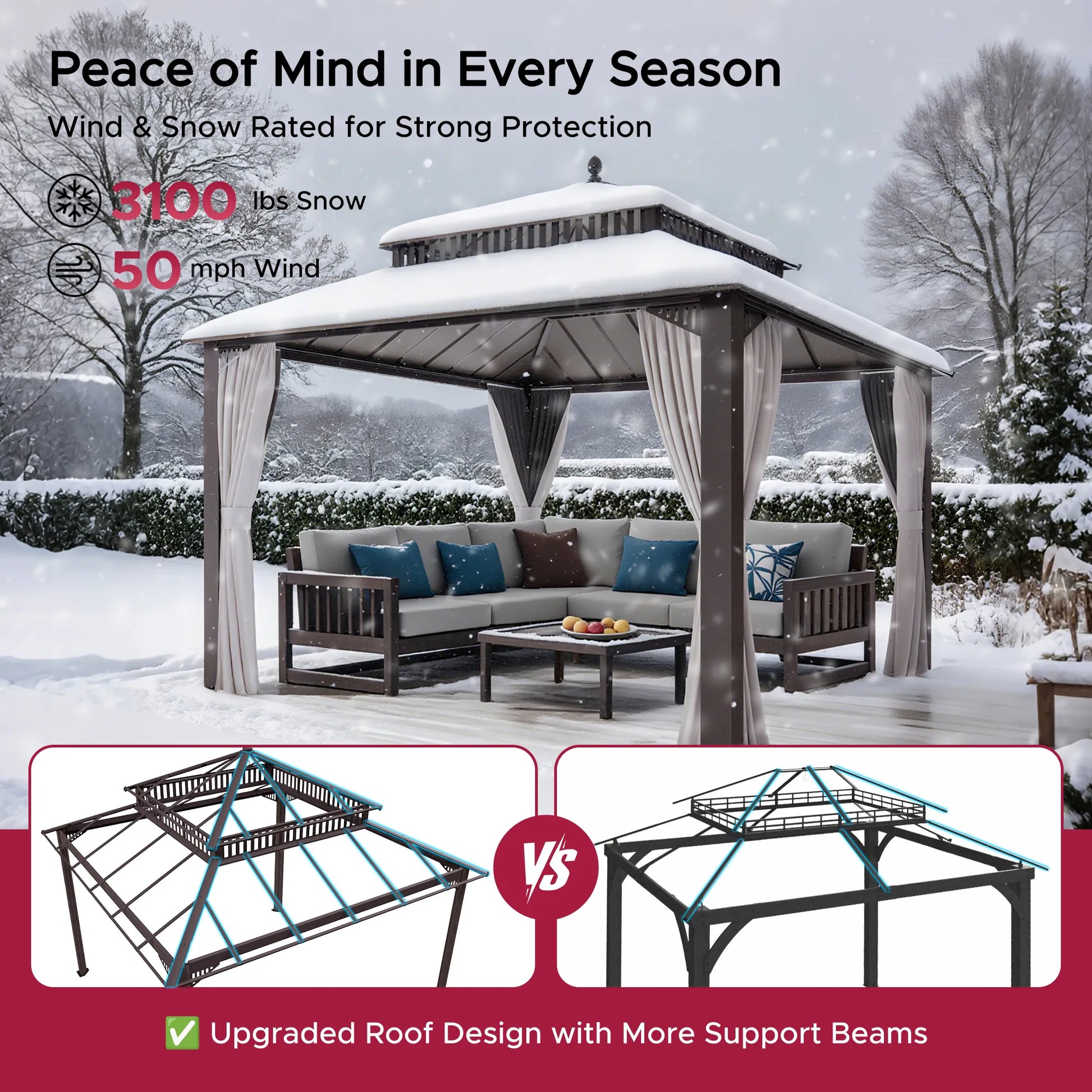 Mazonvintage Kingston 12x12 Gazebo with Netting & Curtain | Steel Roof - Brown Aluminum Posts