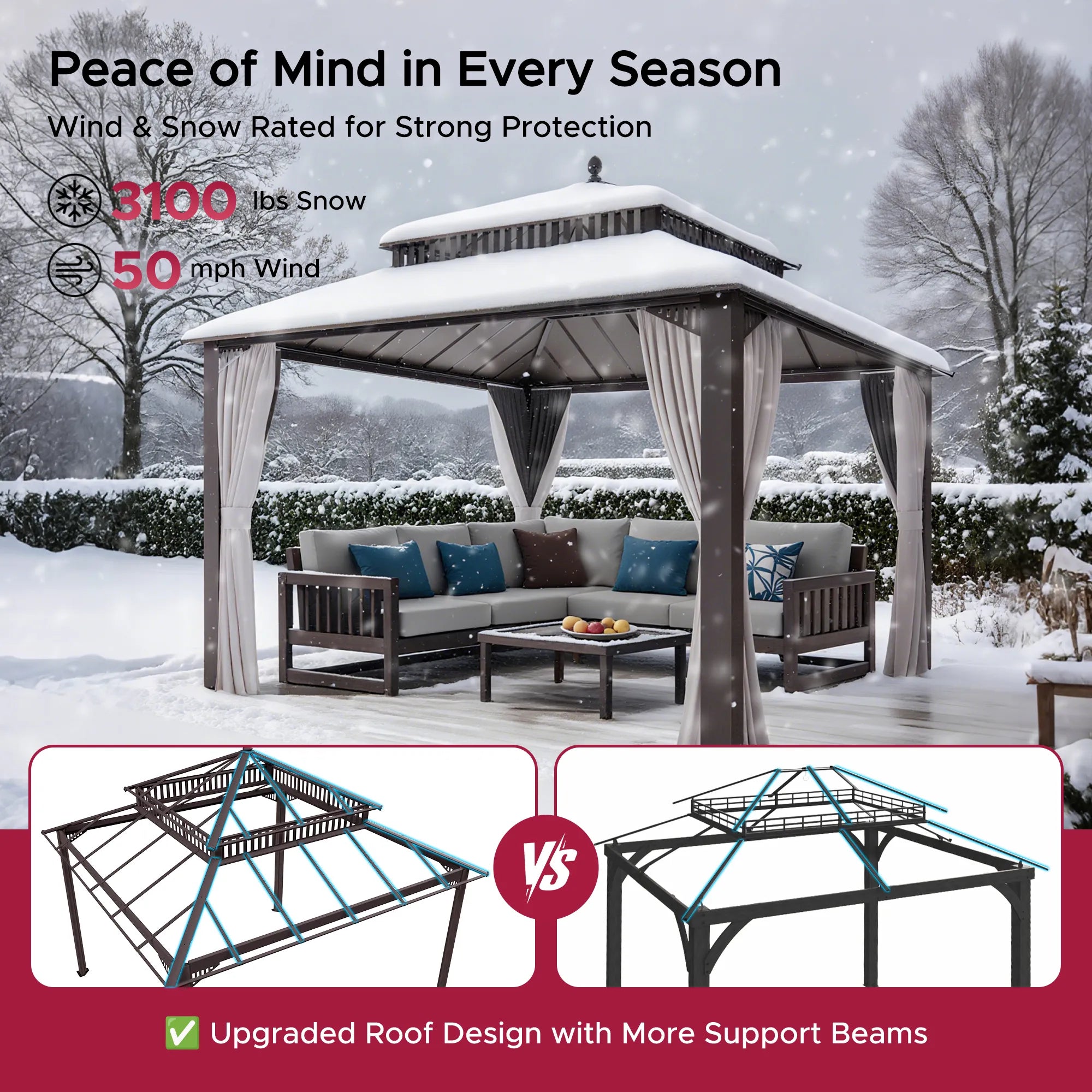 Mazonvintage Kingston 12x12 Gazebo with Netting & Curtain | Steel Roof - Brown Aluminum Posts