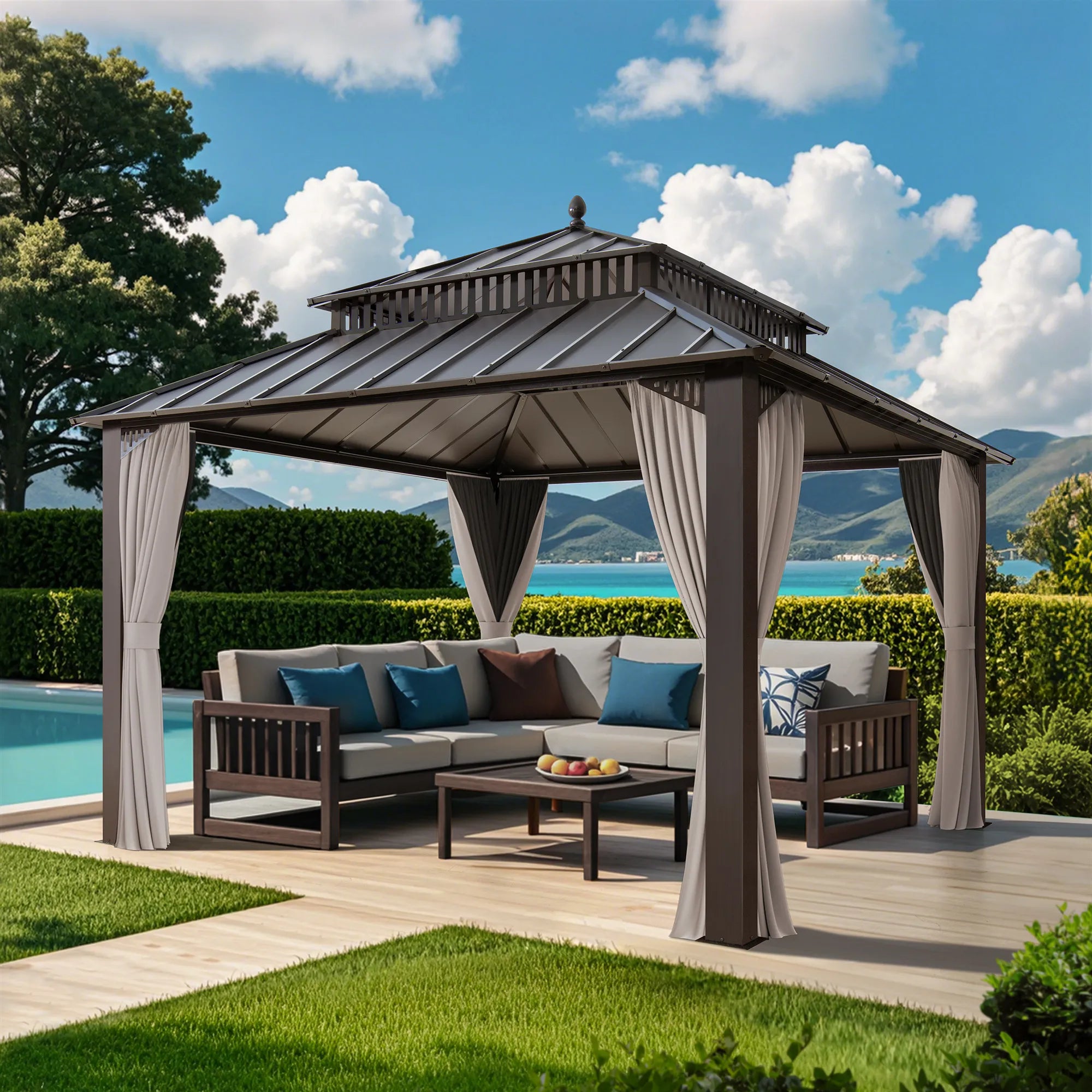 Mazonvintage Kingston 12x12 Gazebo with Netting & Curtain | Steel Roof - Brown Aluminum Posts