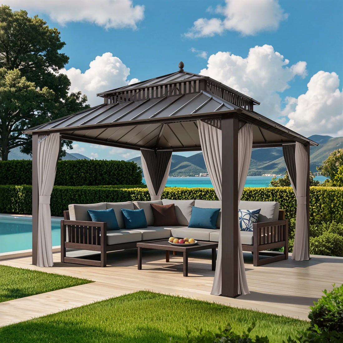 Mazonvintage Kingston 12x12 Gazebo with Netting & Curtain | Steel Roof - Brown Aluminum Posts