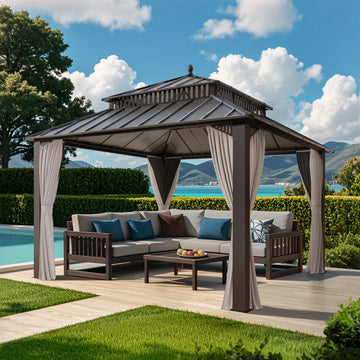 Mazonvintage Kingston 12x12 Gazebo with Netting & Curtain | Steel Roof - Brown Aluminum Posts