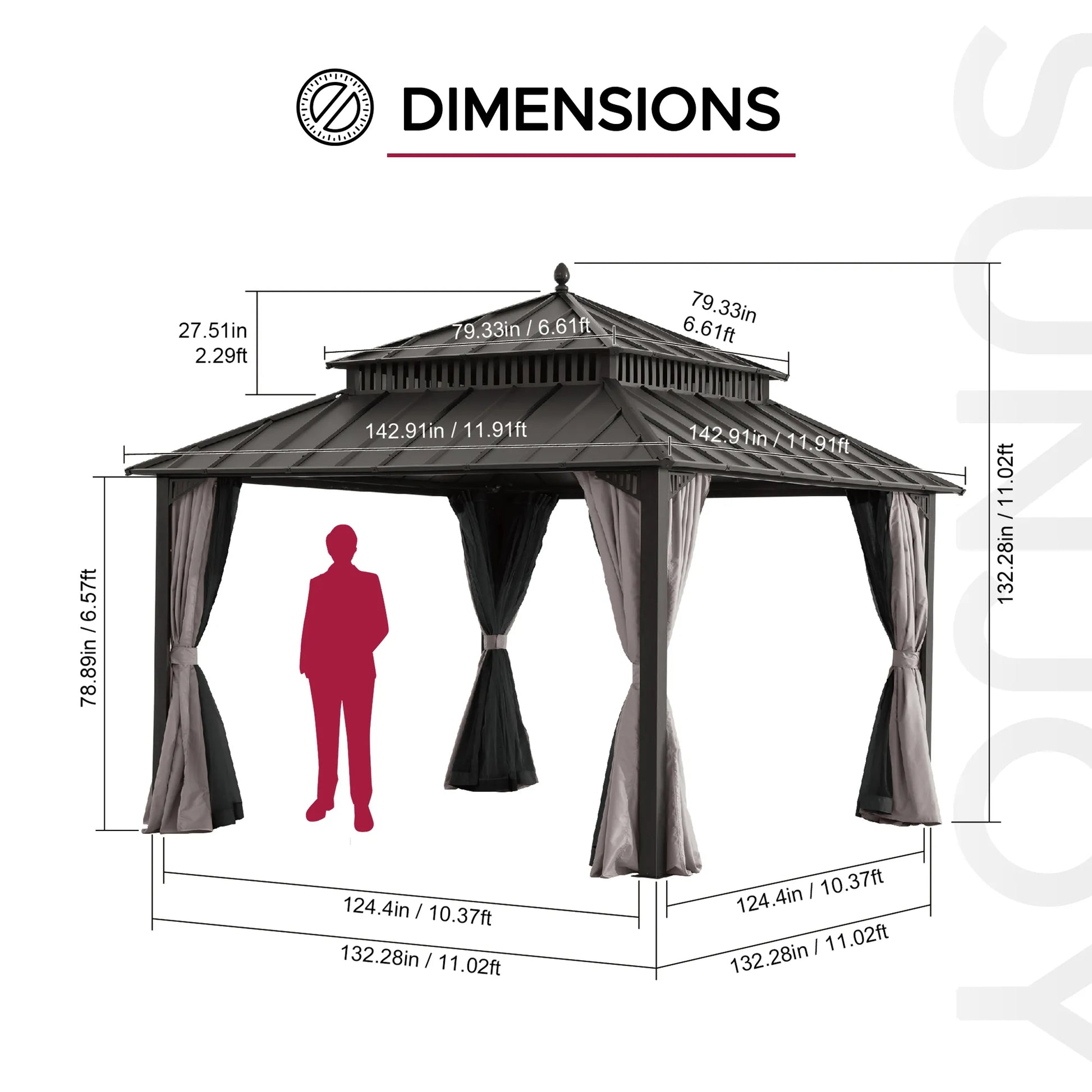 Mazonvintage Kingston 12x12 Gazebo with Netting & Curtain | Steel Roof - Brown Aluminum Posts