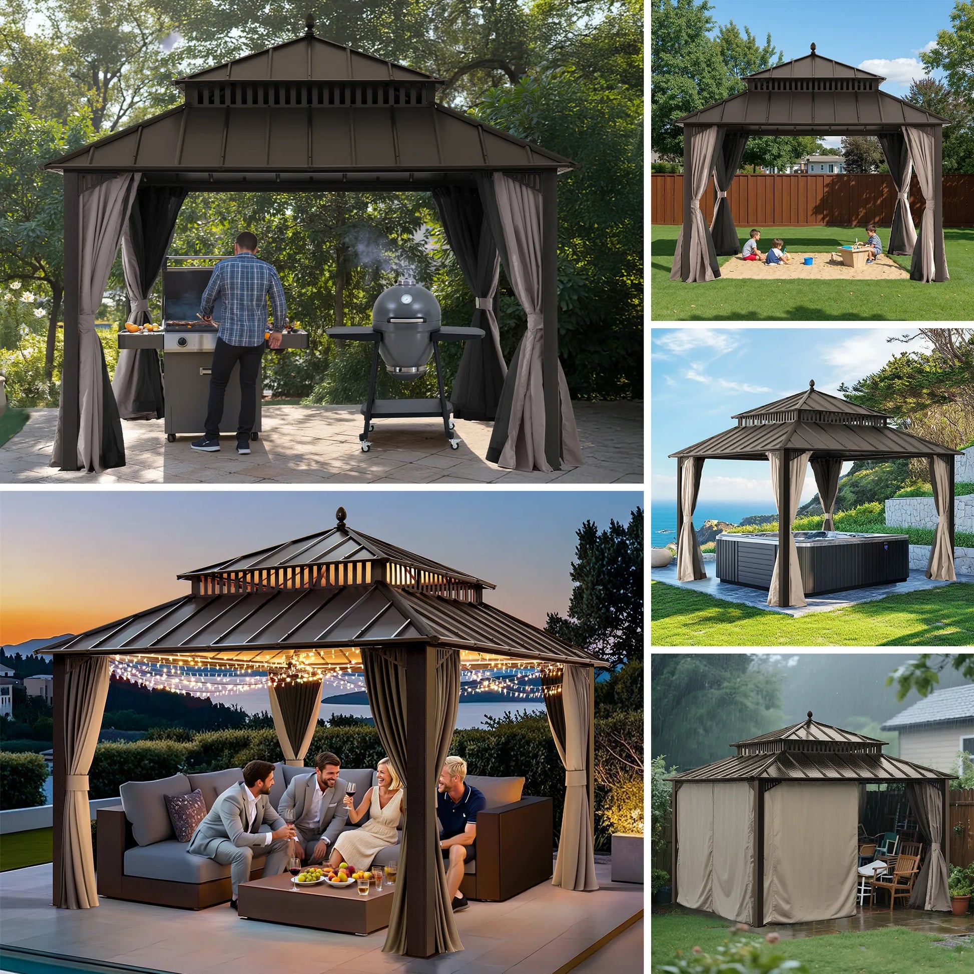 Mazonvintage Kingston 12x12 Gazebo with Netting & Curtain | Steel Roof - Brown Aluminum Posts