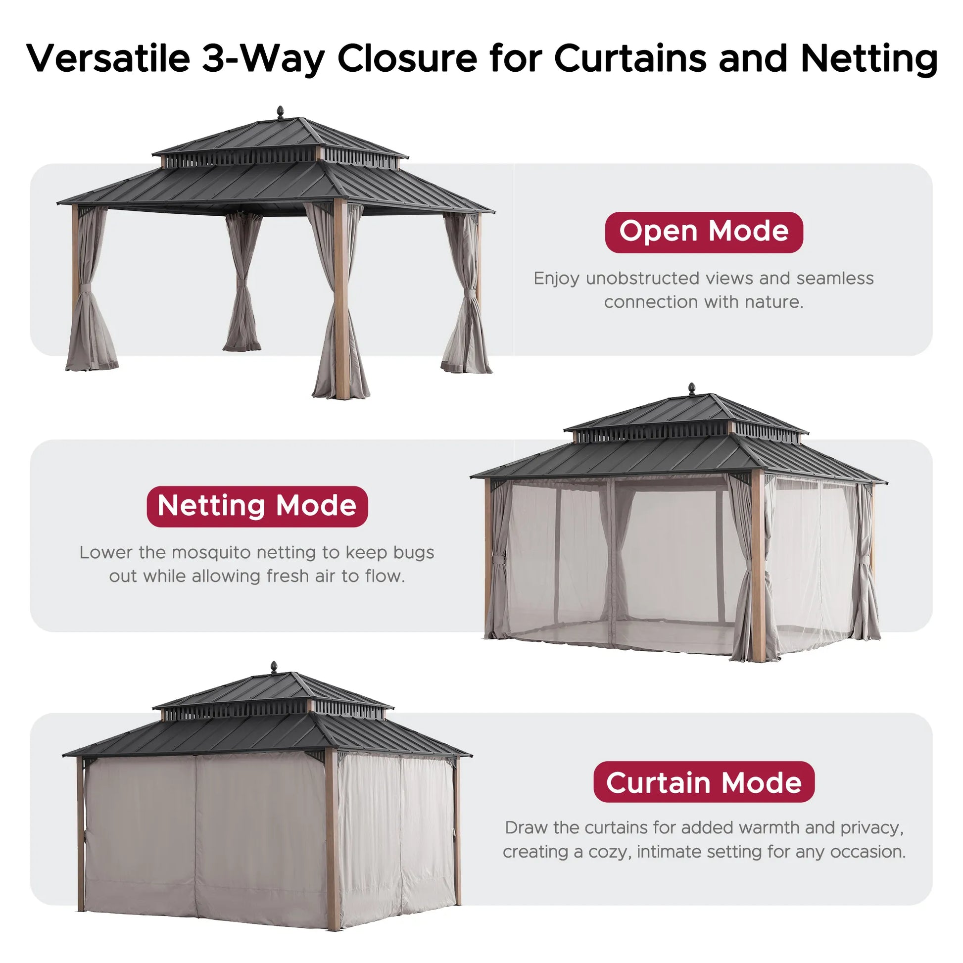 MazonvintageKingston 12x14 Gazebo with Netting & Curtain | Steel Roof - Woodgrain Aluminum Posts