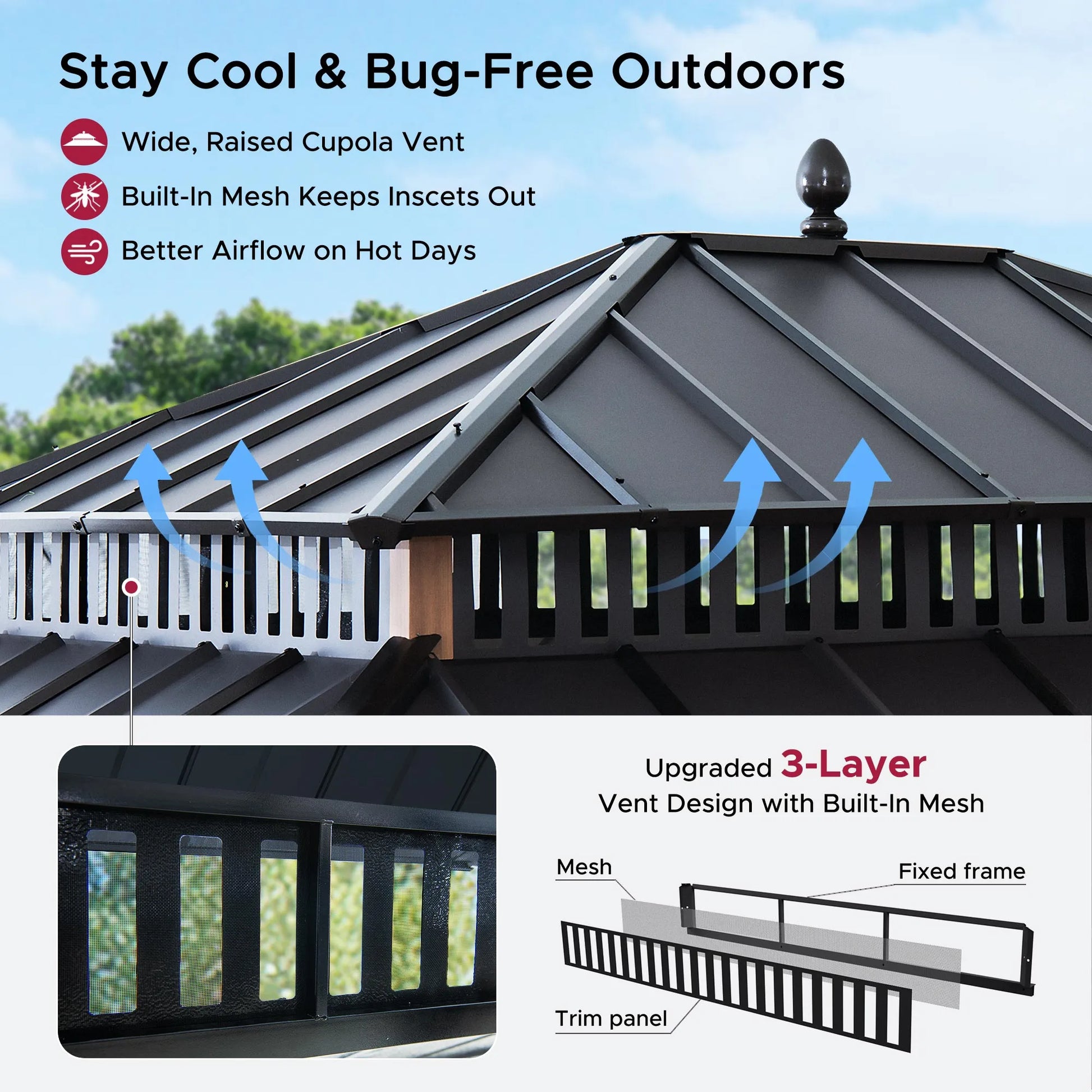 MazonvintageKingston 12x14 Gazebo with Netting & Curtain | Steel Roof - Woodgrain Aluminum Posts