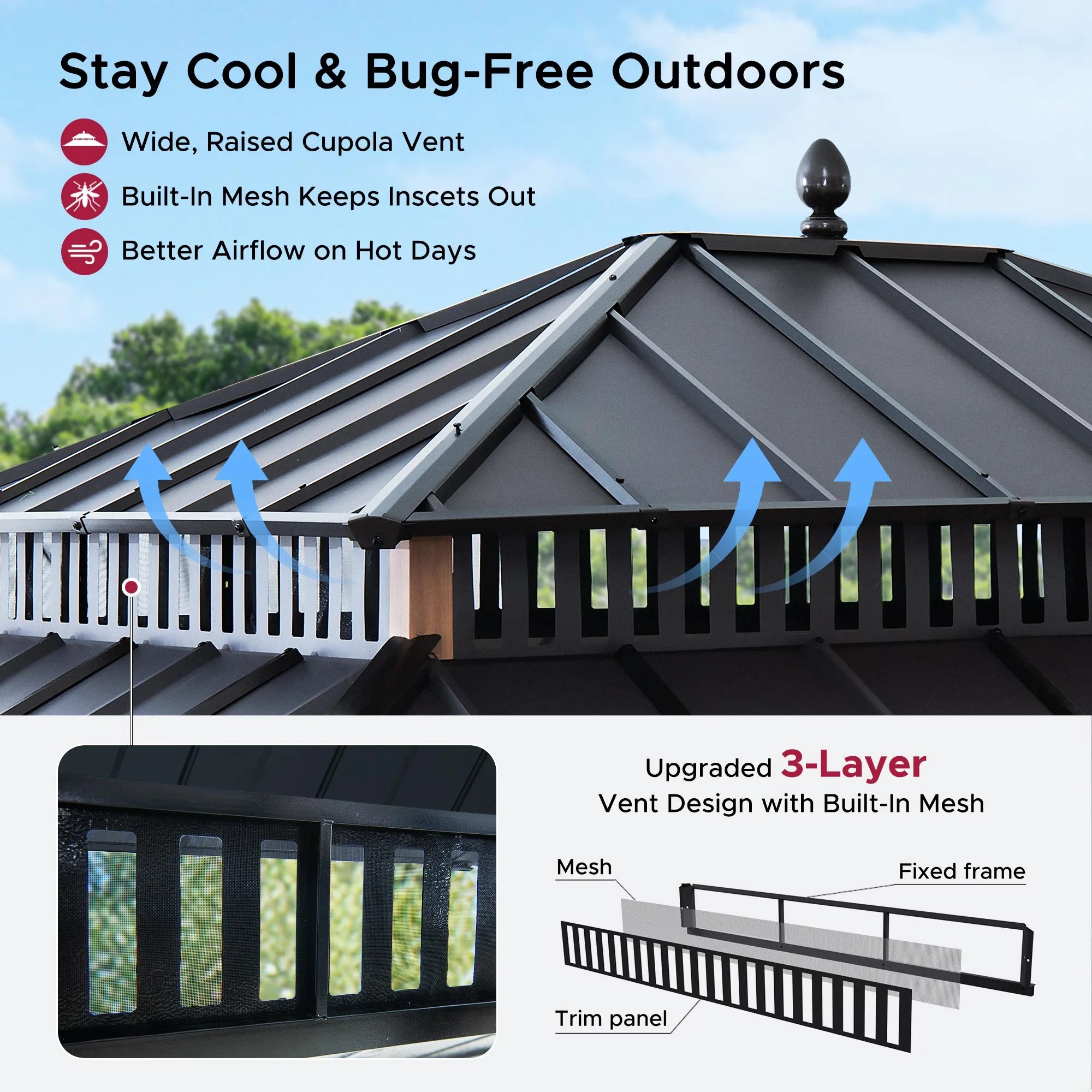 MazonvintageKingston 12x14 Gazebo with Netting & Curtain | Steel Roof - Woodgrain Aluminum Posts