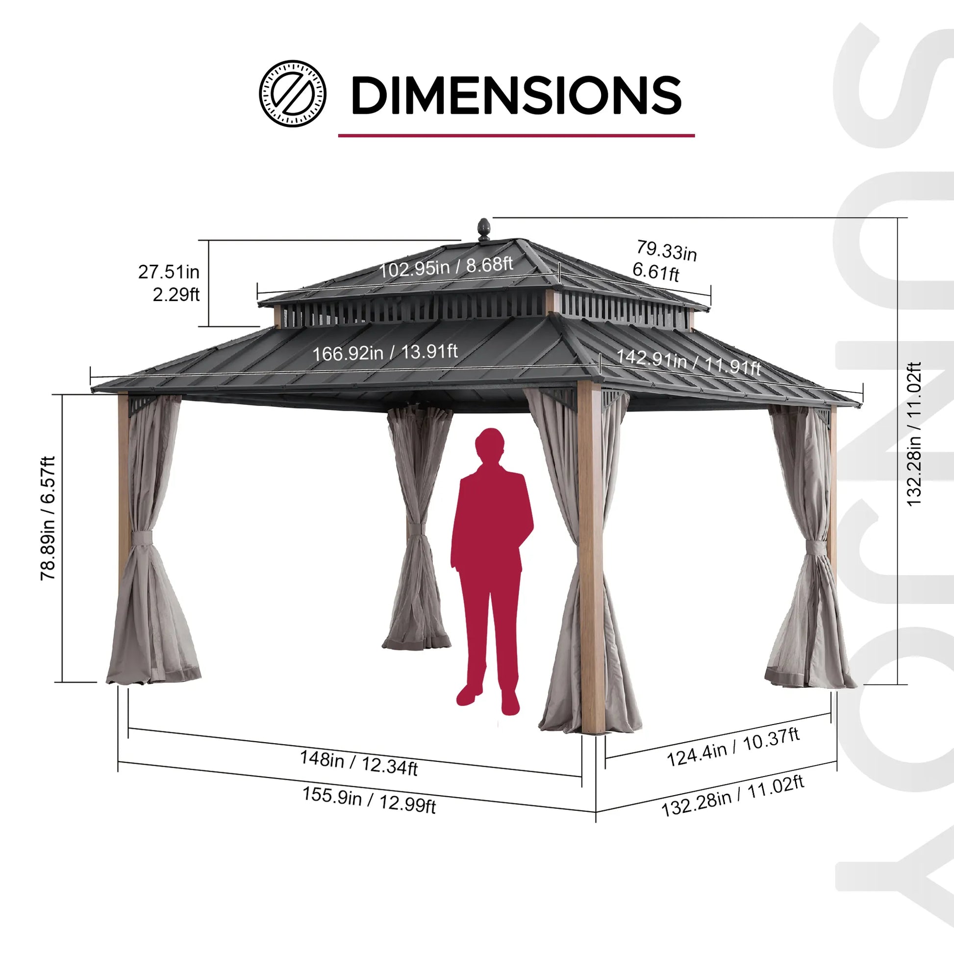 MazonvintageKingston 12x14 Gazebo with Netting & Curtain | Steel Roof - Woodgrain Aluminum Posts