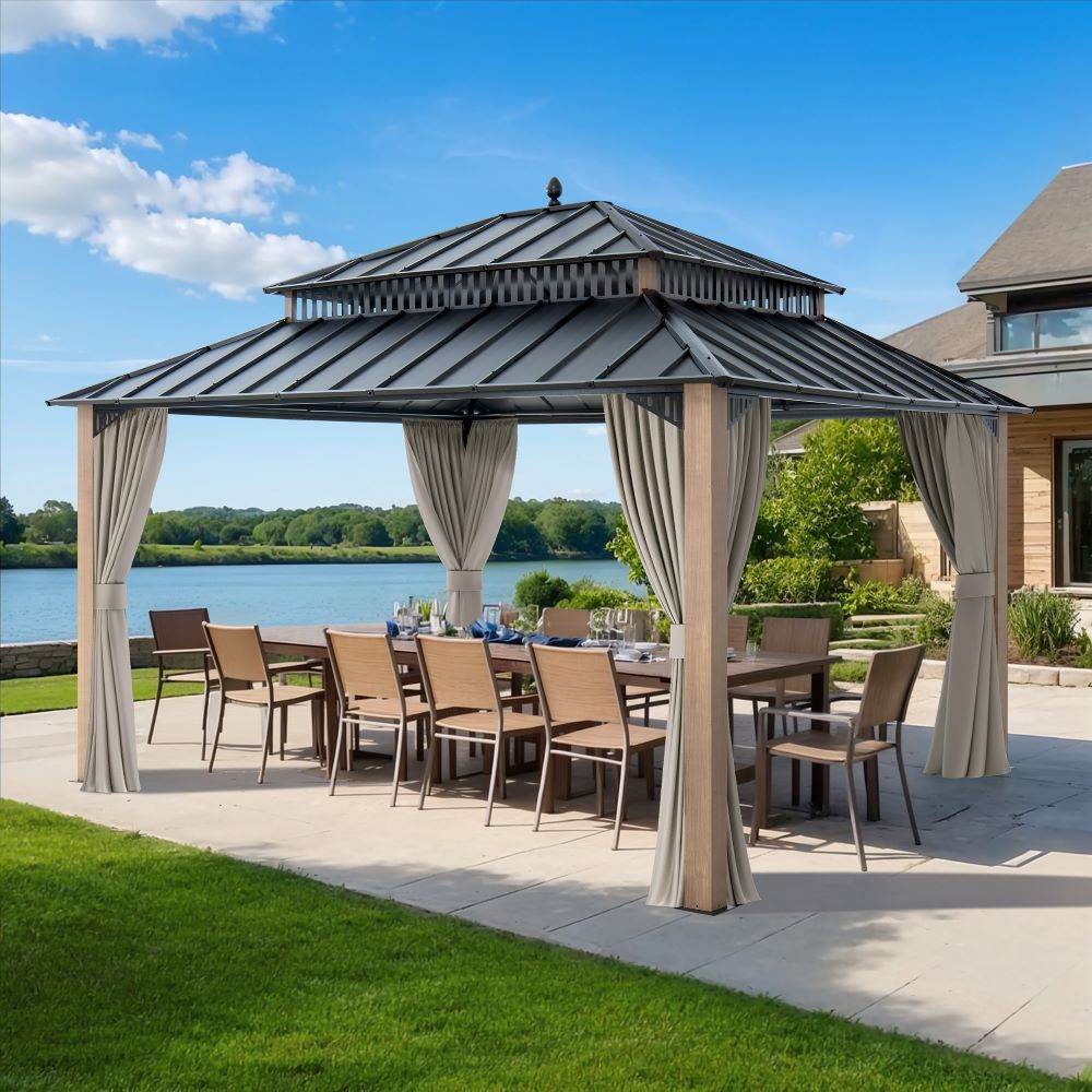 MazonvintageKingston 12x14 Gazebo with Netting & Curtain | Steel Roof - Woodgrain Aluminum Posts