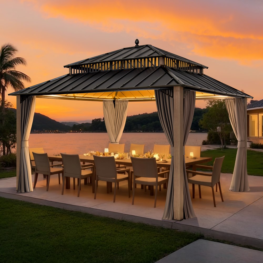 MazonvintageKingston 12x14 Gazebo with Netting & Curtain | Steel Roof - Woodgrain Aluminum Posts