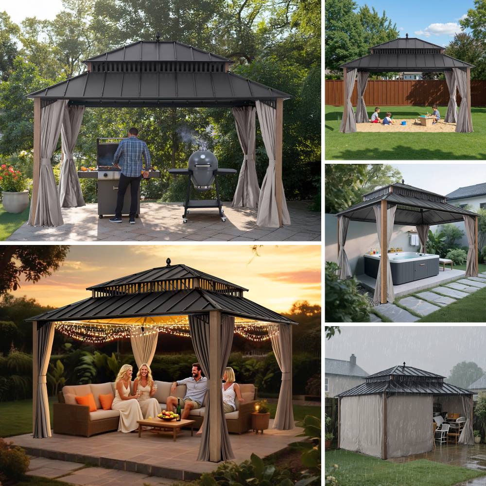 MazonvintageKingston 12x14 Gazebo with Netting & Curtain | Steel Roof - Woodgrain Aluminum Posts