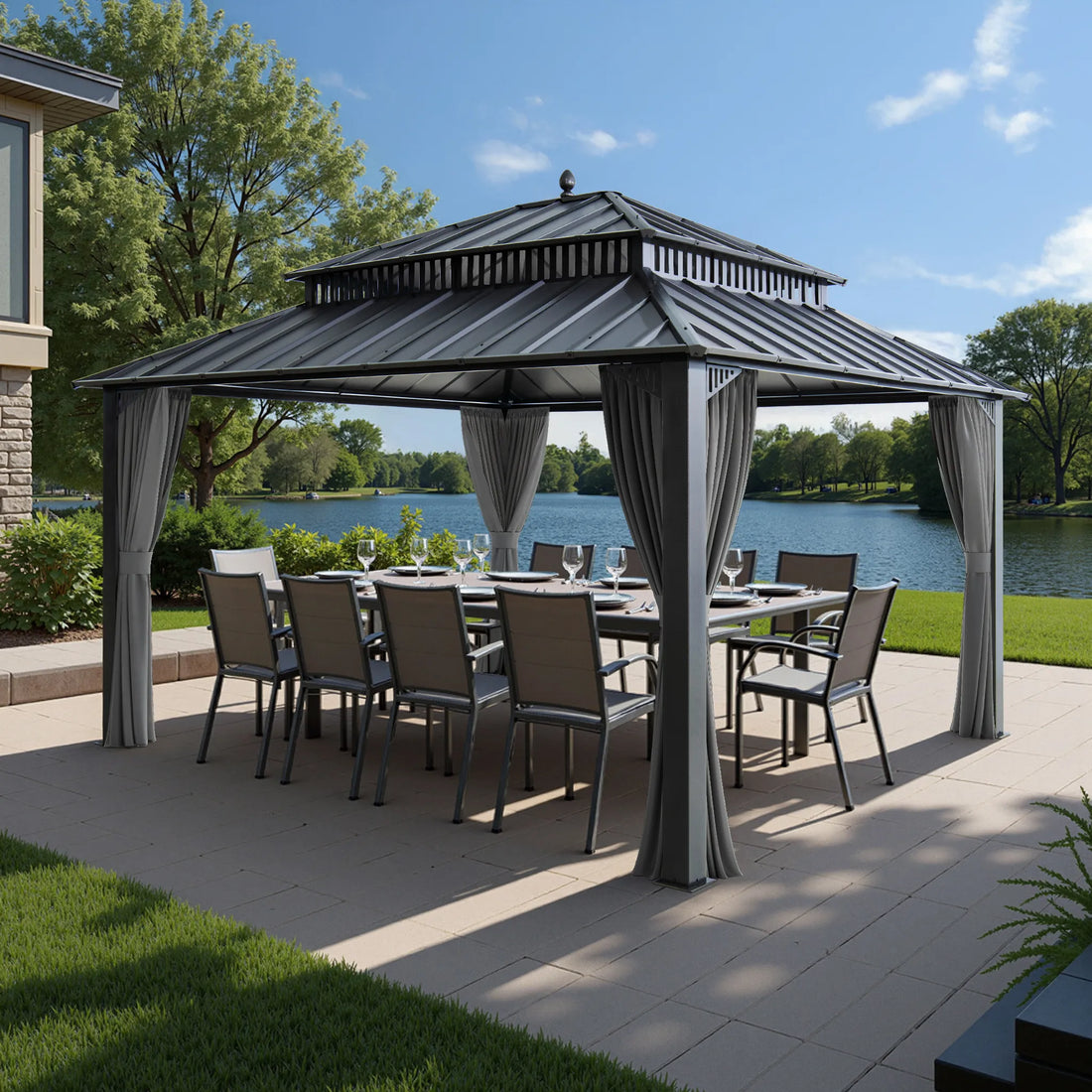 MazonvintageKingston 12x14 Gazebo with Netting & Curtain | Steel Roof - Gray Aluminum Posts