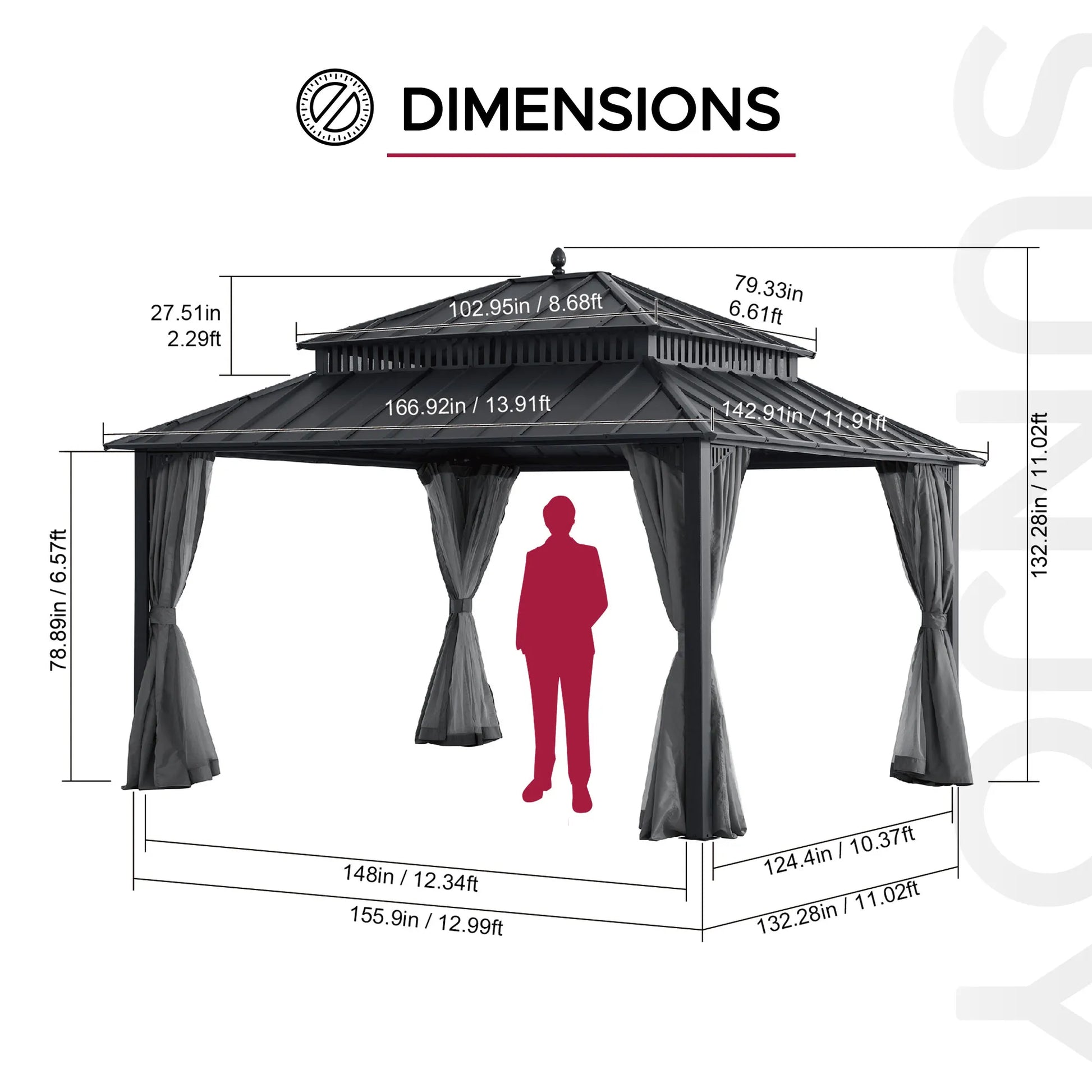 MazonvintageKingston 12x14 Gazebo with Netting & Curtain | Steel Roof - Gray Aluminum Posts