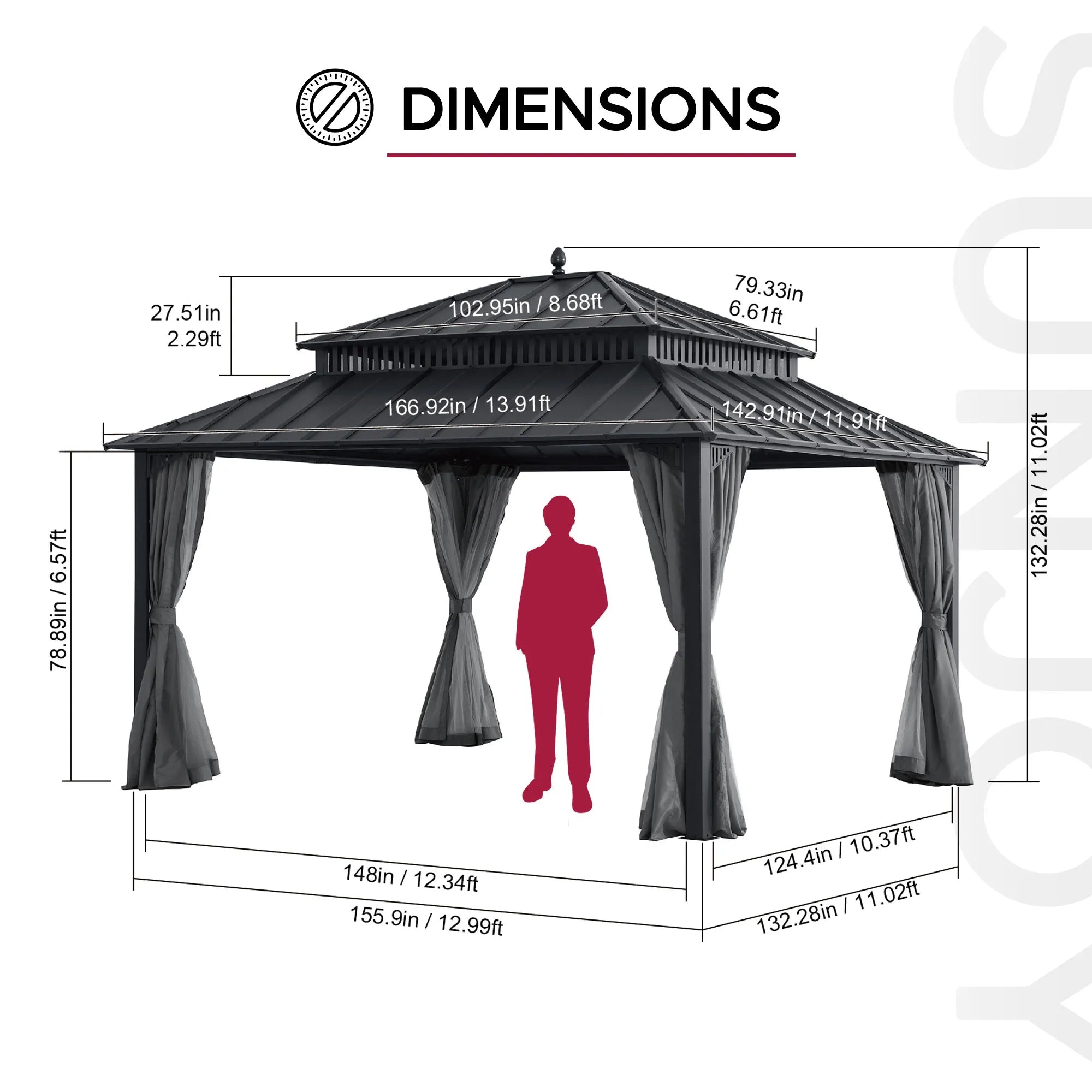 MazonvintageKingston 12x14 Gazebo with Netting & Curtain | Steel Roof - Gray Aluminum Posts