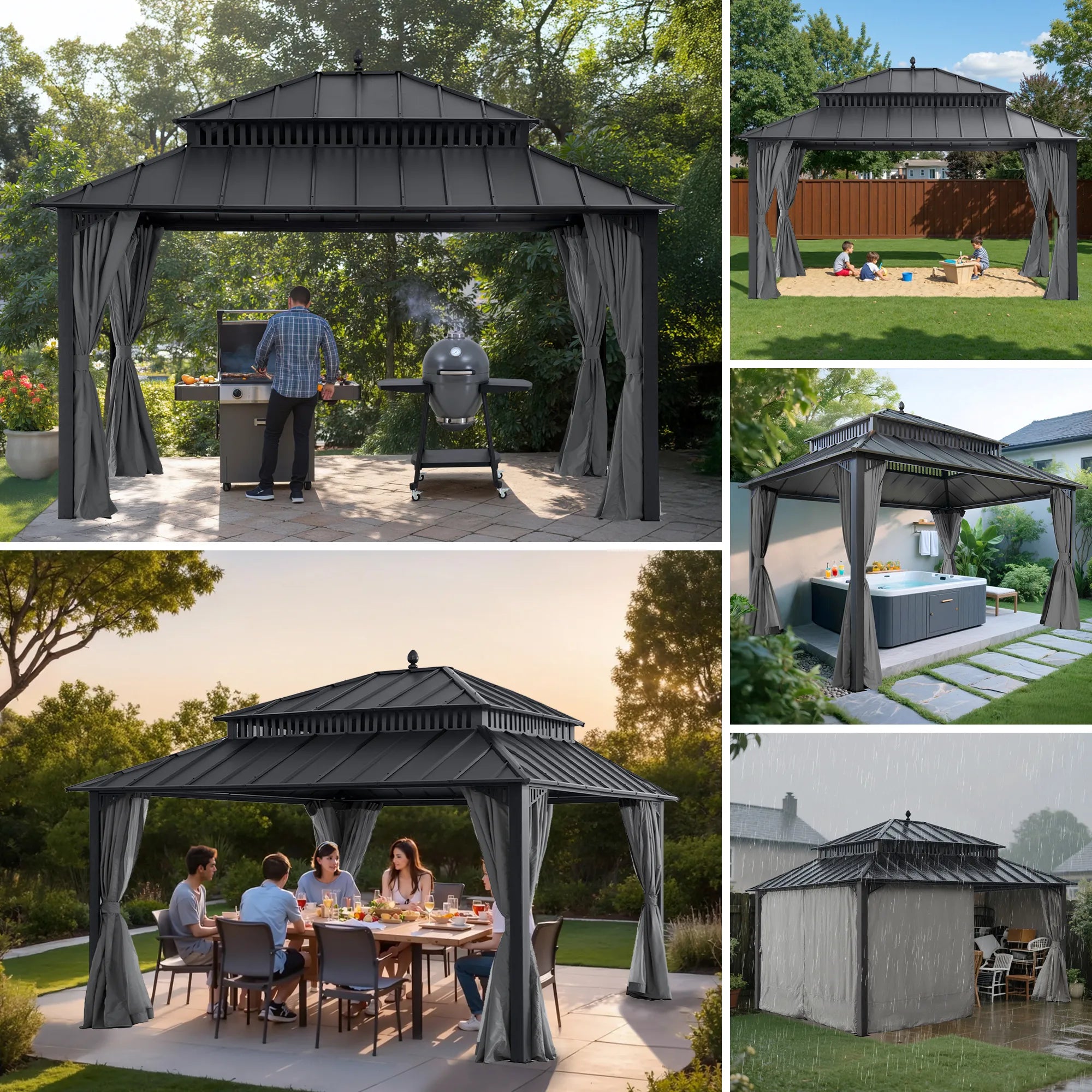 MazonvintageKingston 12x14 Gazebo with Netting & Curtain | Steel Roof - Gray Aluminum Posts