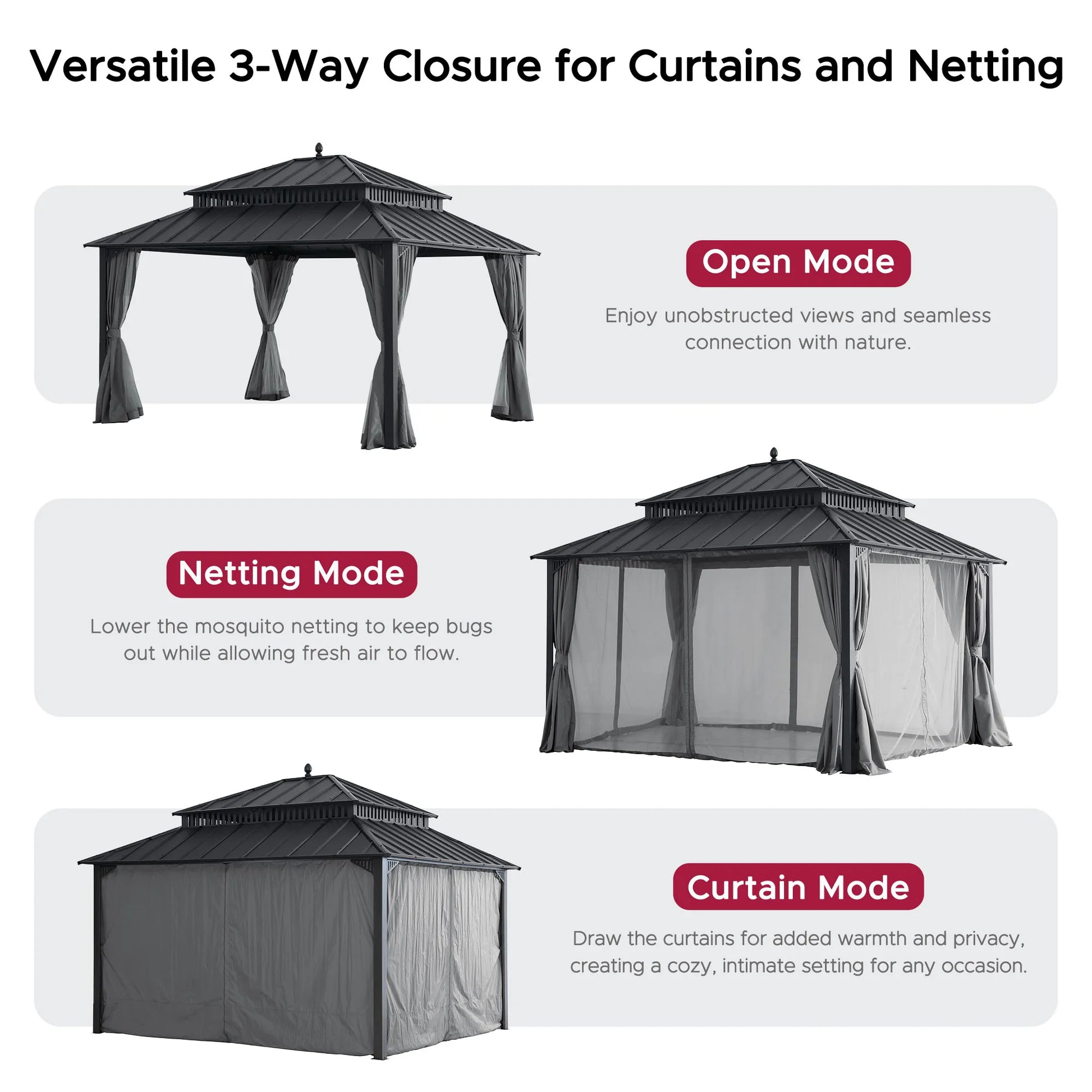 MazonvintageKingston 12x14 Gazebo with Netting & Curtain | Steel Roof - Gray Aluminum Posts