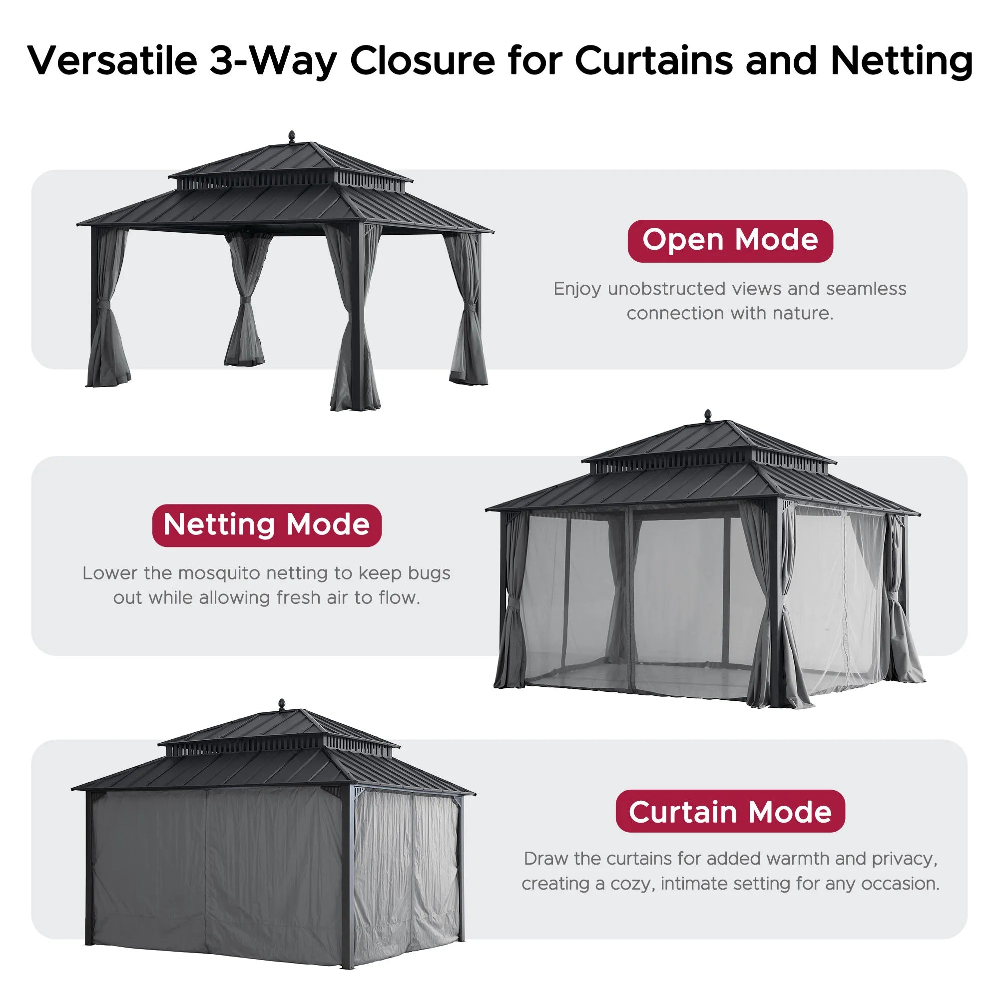 MazonvintageKingston 12x14 Gazebo with Netting & Curtain | Steel Roof - Gray Aluminum Posts