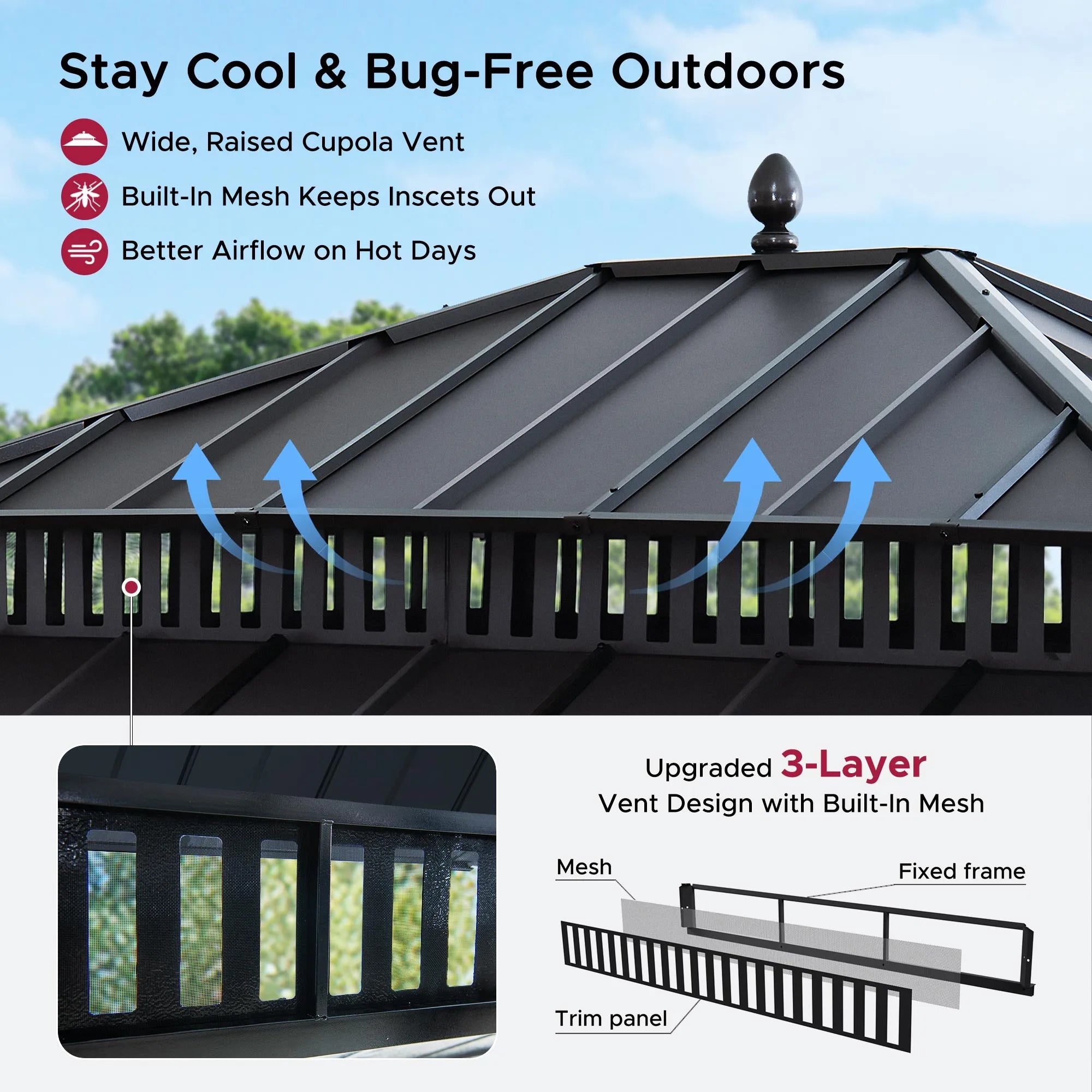 MazonvintageKingston 12x14 Gazebo with Netting & Curtain | Steel Roof - Gray Aluminum Posts