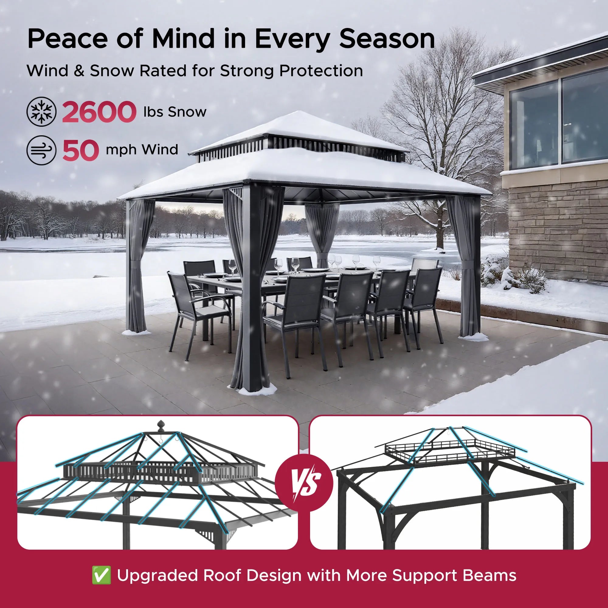 MazonvintageKingston 12x14 Gazebo with Netting & Curtain | Steel Roof - Gray Aluminum Posts