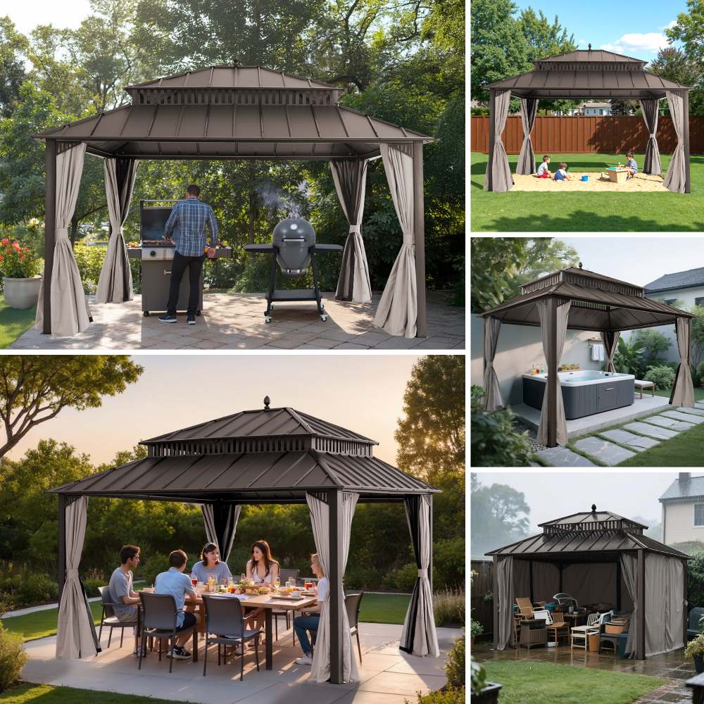 MazonvintageKingston 12x14 Gazebo with Netting & Curtain | Steel Roof - Brown Aluminum Posts
