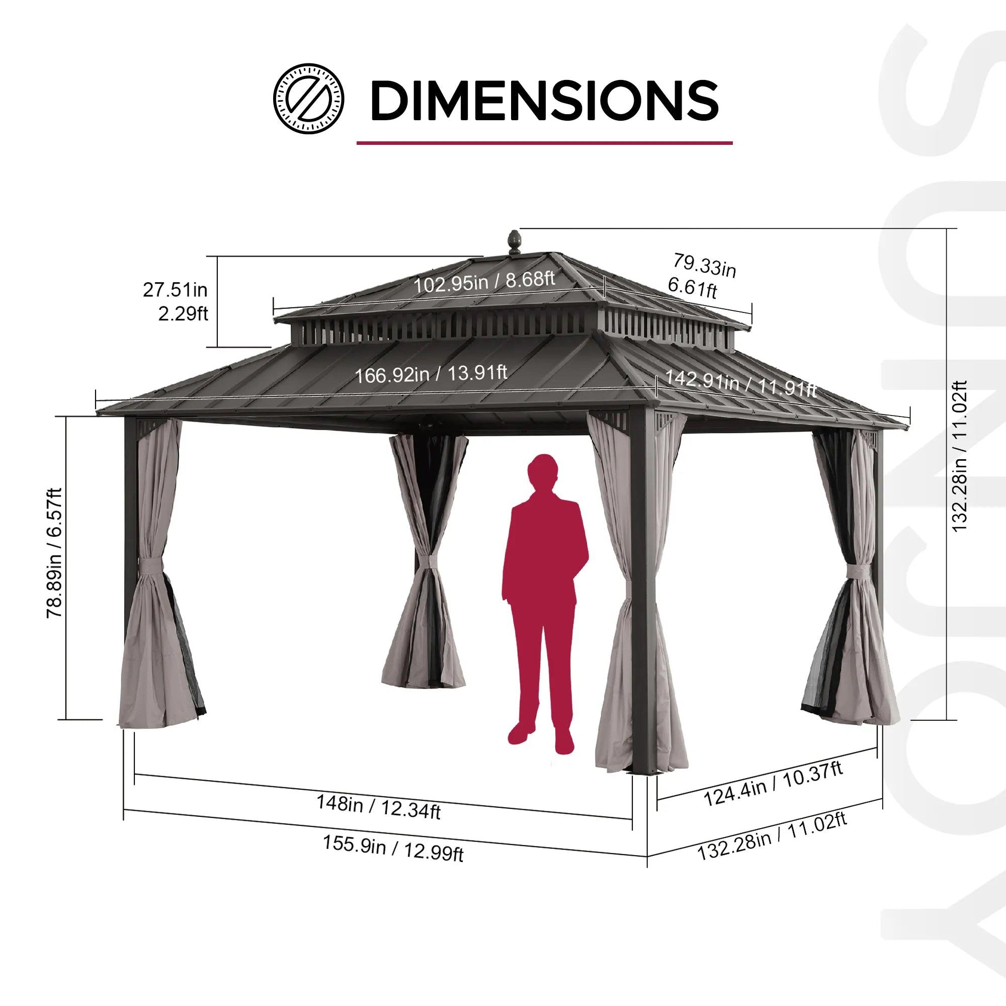 MazonvintageKingston 12x14 Gazebo with Netting & Curtain | Steel Roof - Brown Aluminum Posts