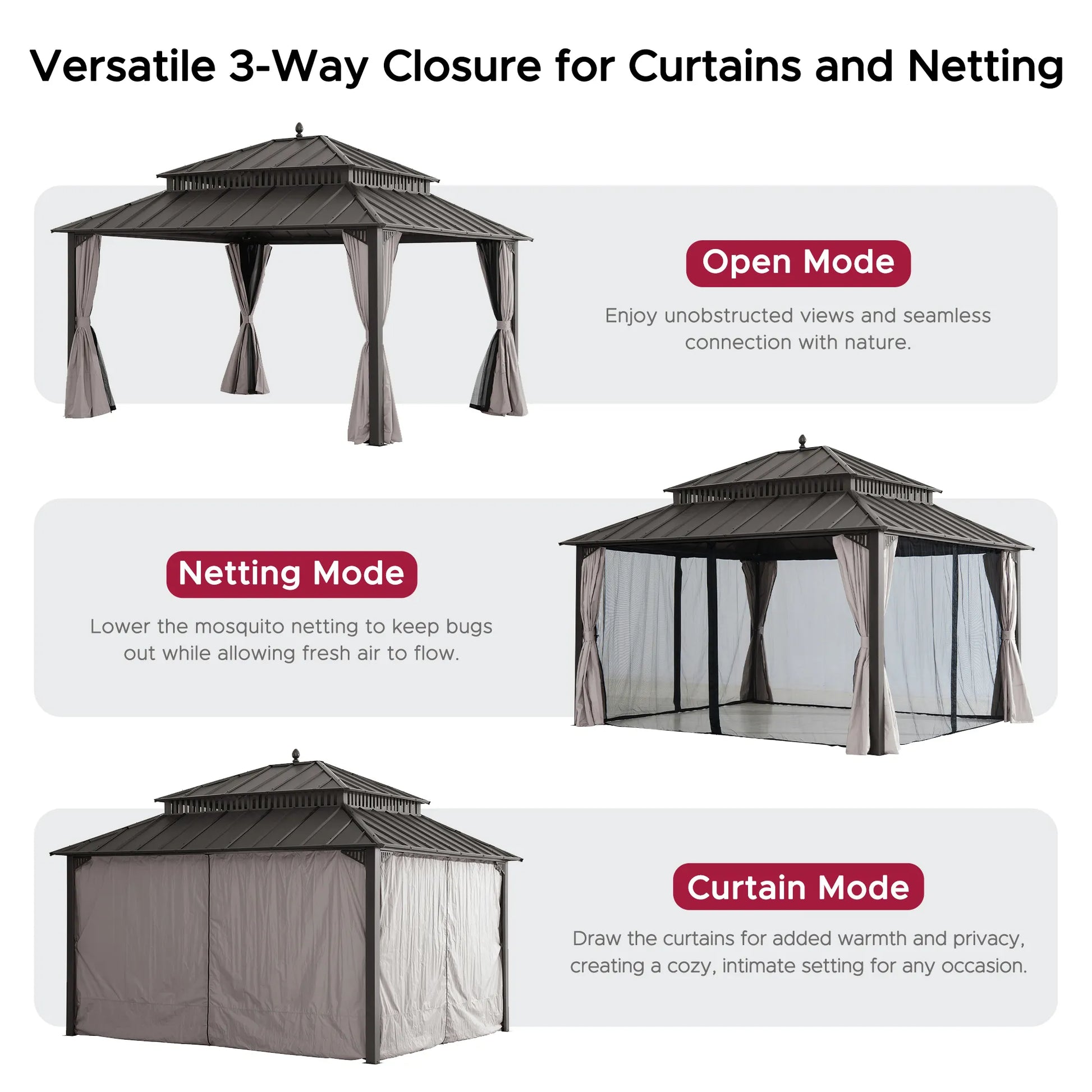 MazonvintageKingston 12x14 Gazebo with Netting & Curtain | Steel Roof - Brown Aluminum Posts